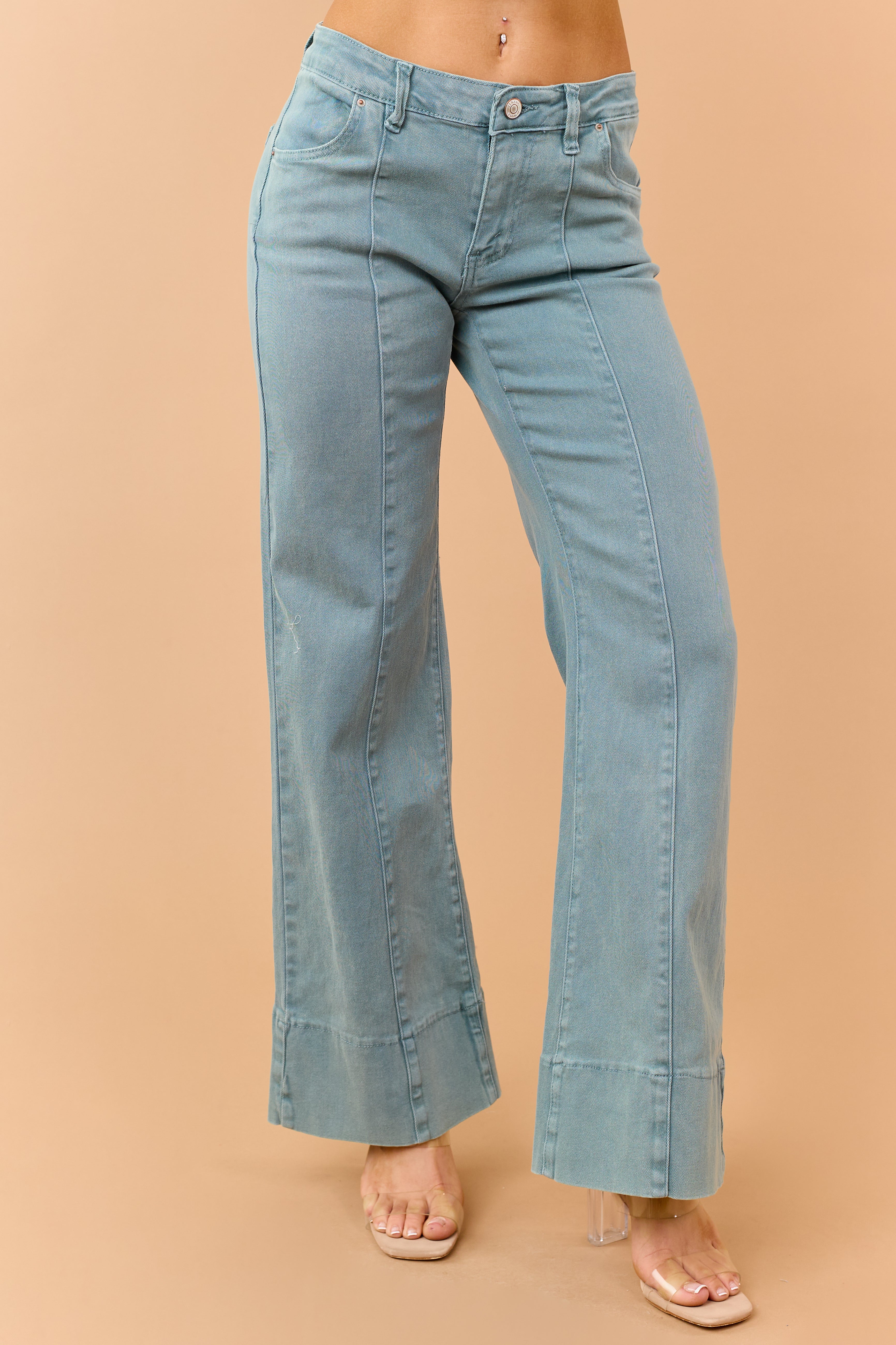 Light Juniper Mid Rise Stretchy Wide Leg Jeans