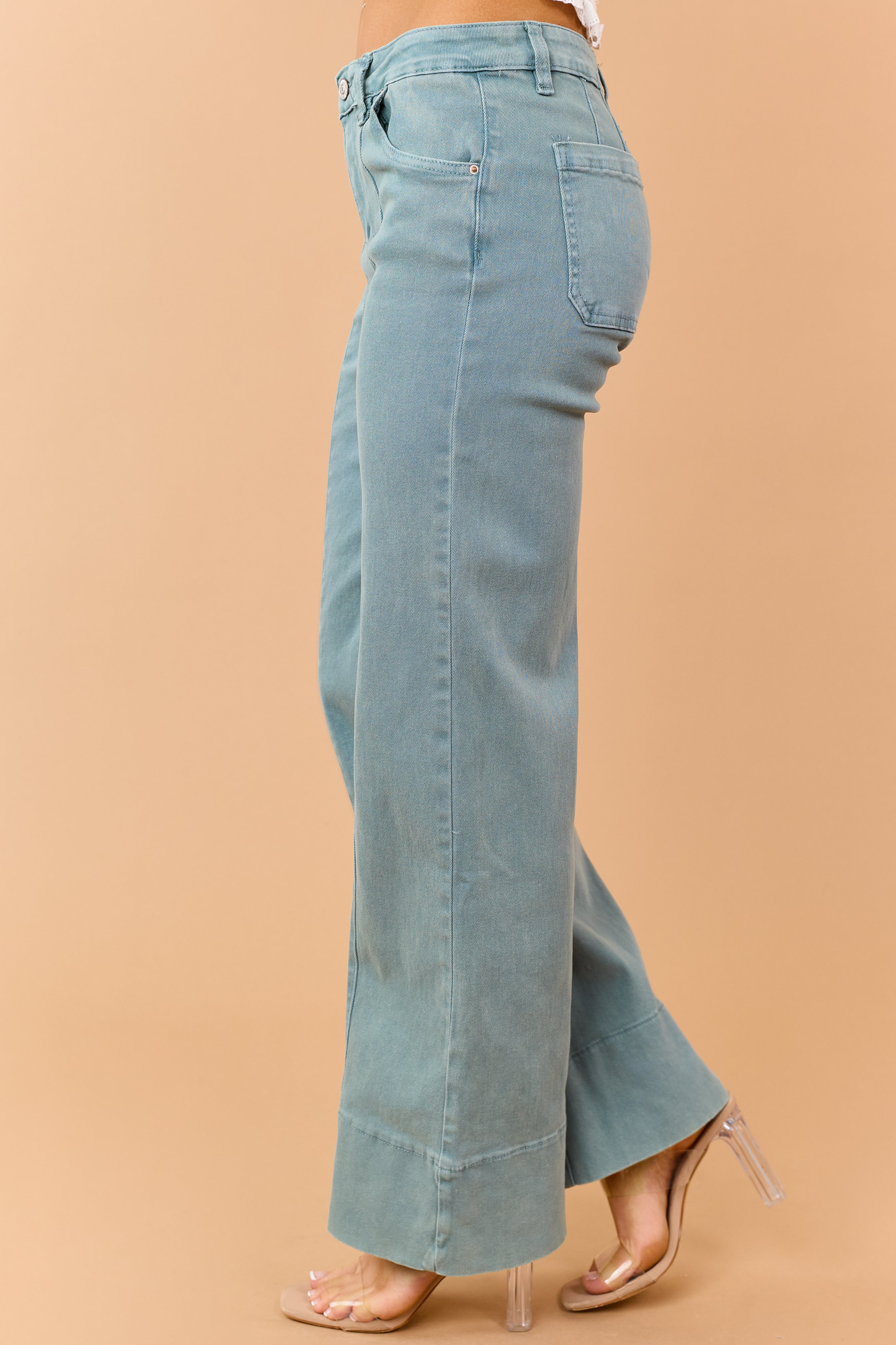 Light Juniper Mid Rise Stretchy Wide Leg Jeans