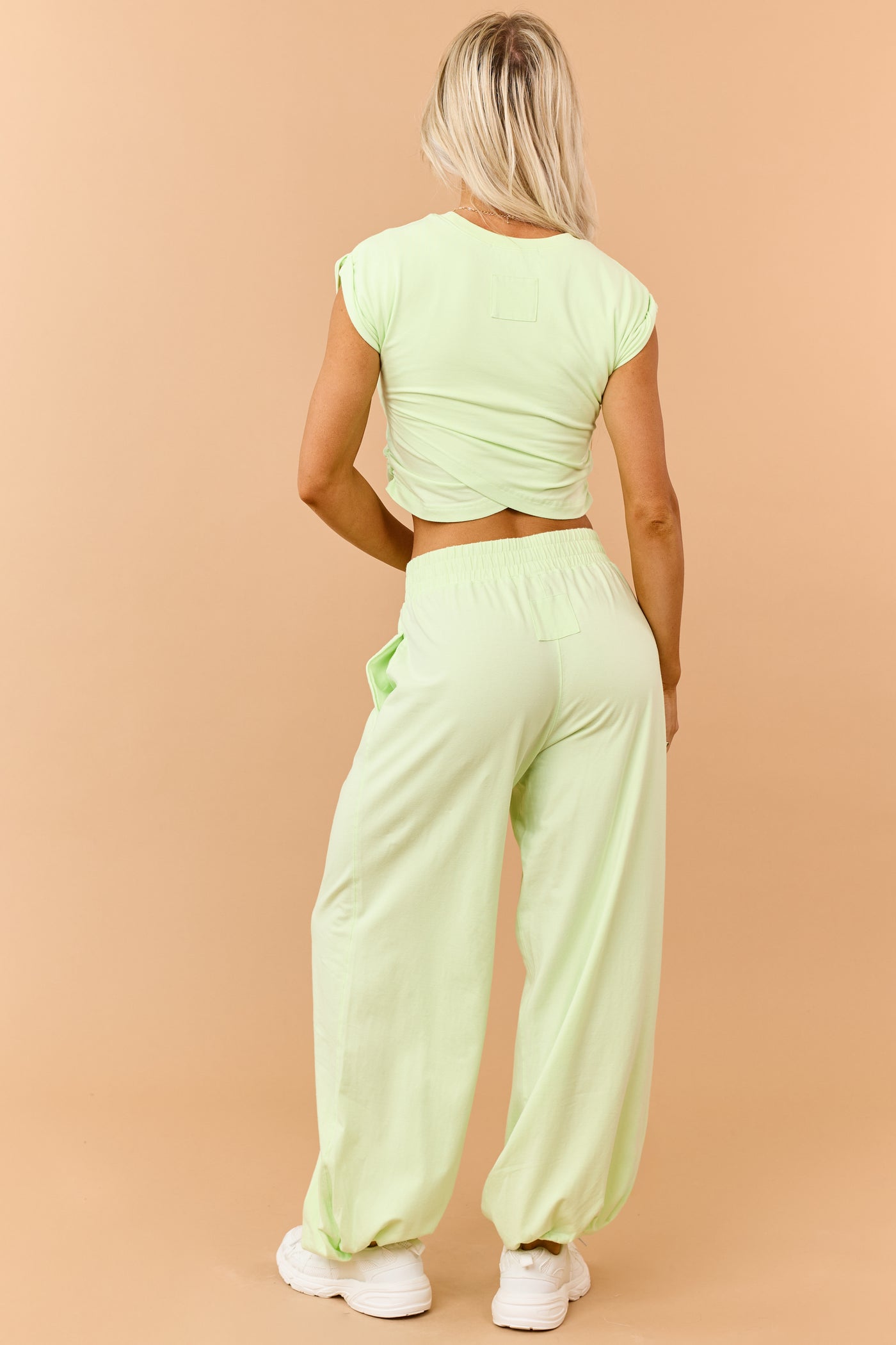 Light Kiwi Ruched Cotton Knit Top and Pants Set