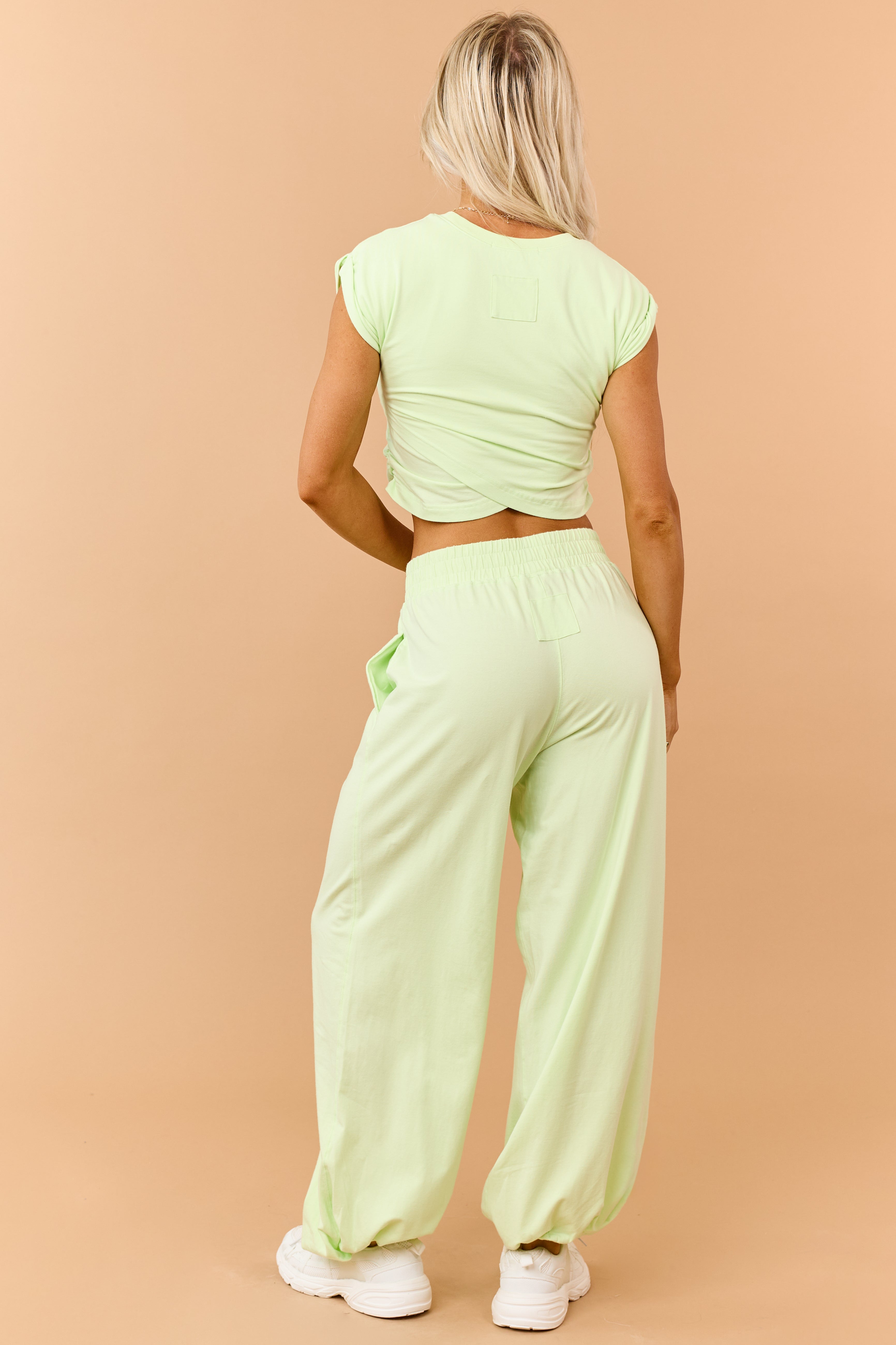 Light Kiwi Ruched Cotton Knit Top and Pants Set