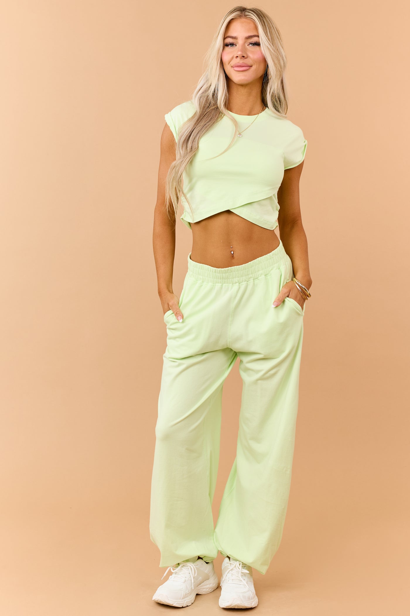 Light Kiwi Ruched Cotton Knit Top and Pants Set