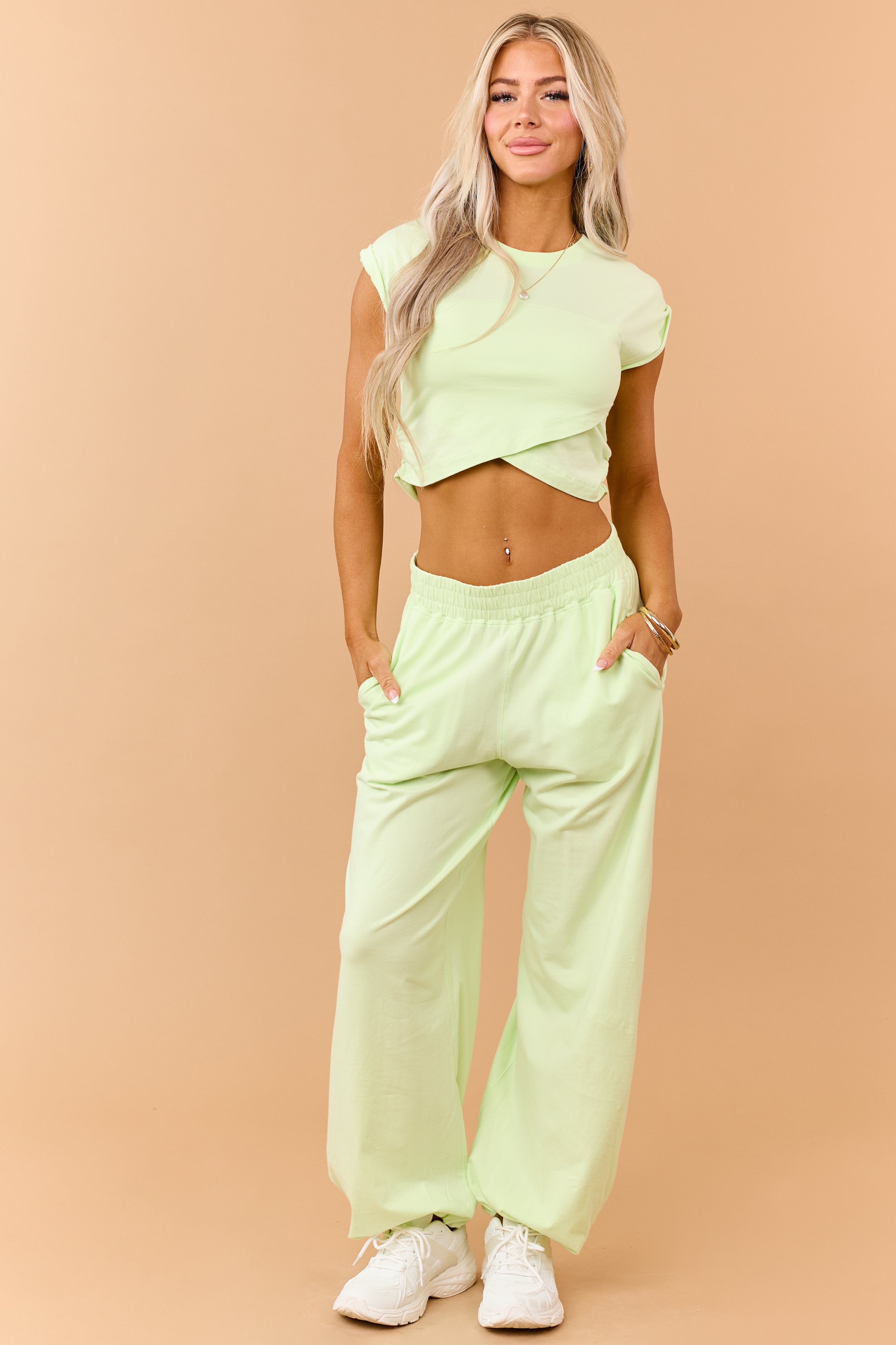 Light Kiwi Ruched Cotton Knit Top and Pants Set