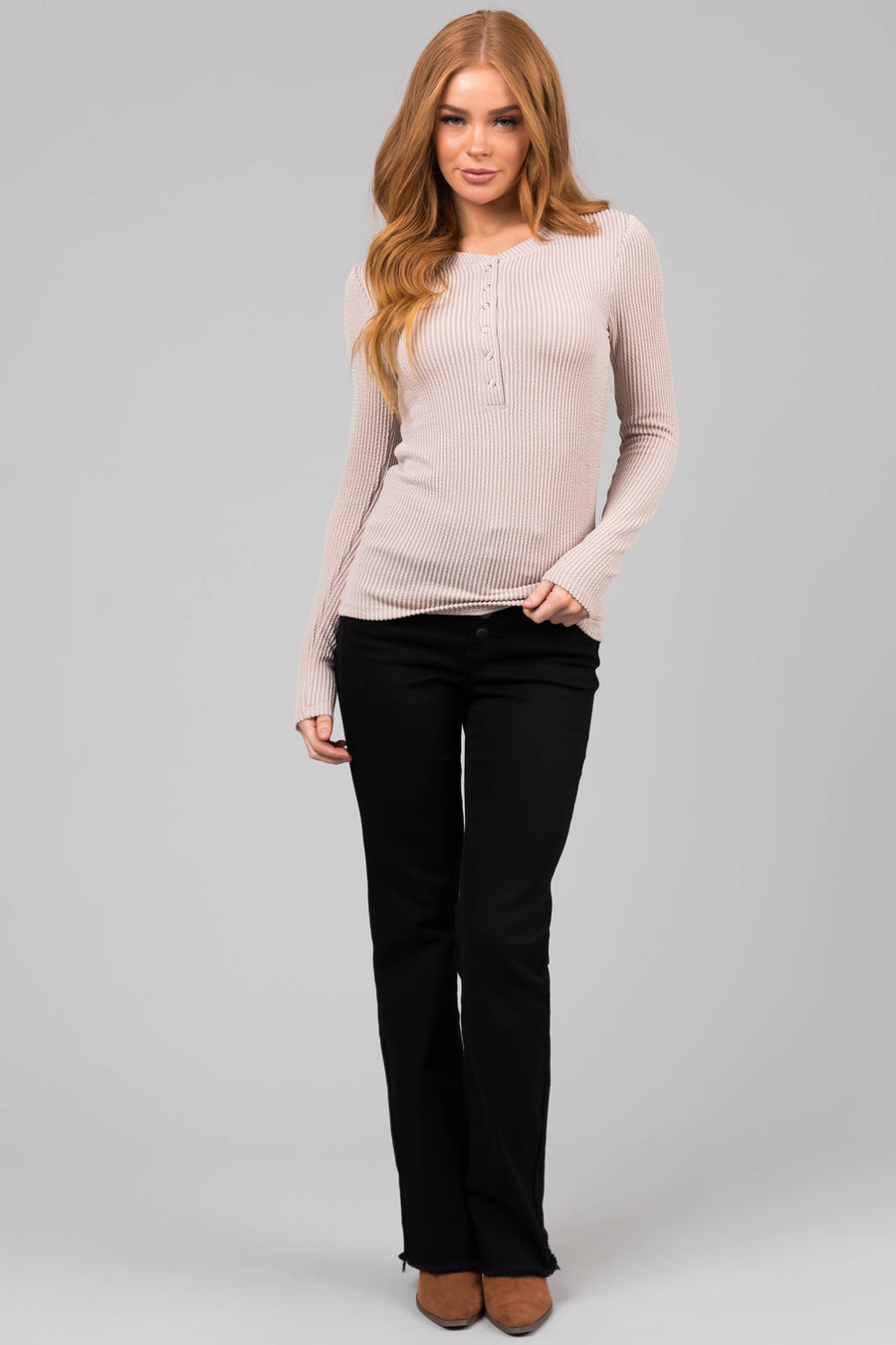 Light Latte Wavy Ribbed Knit Snap Button Top