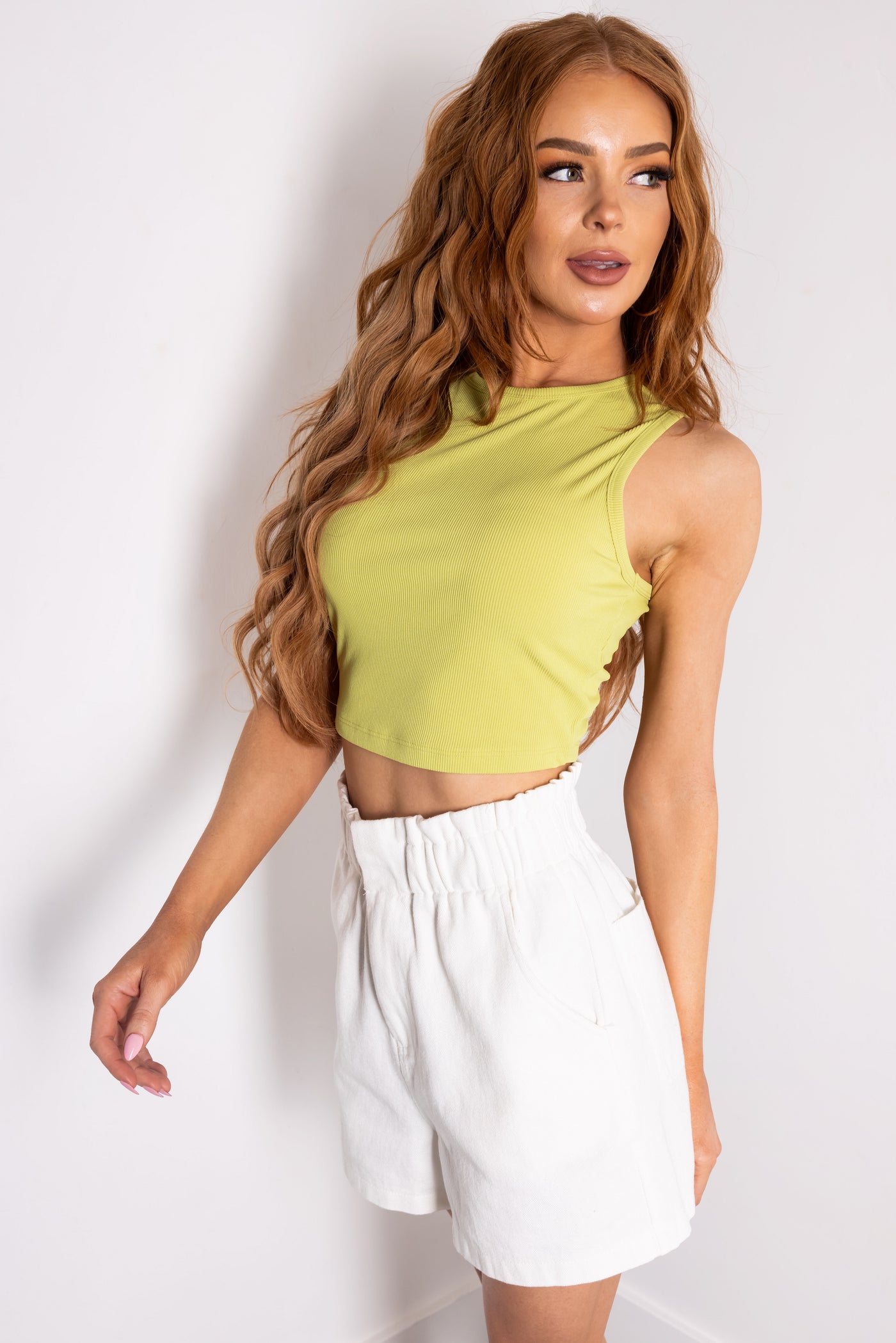 Light Lime Cropped Ribbed Knit Tank Top