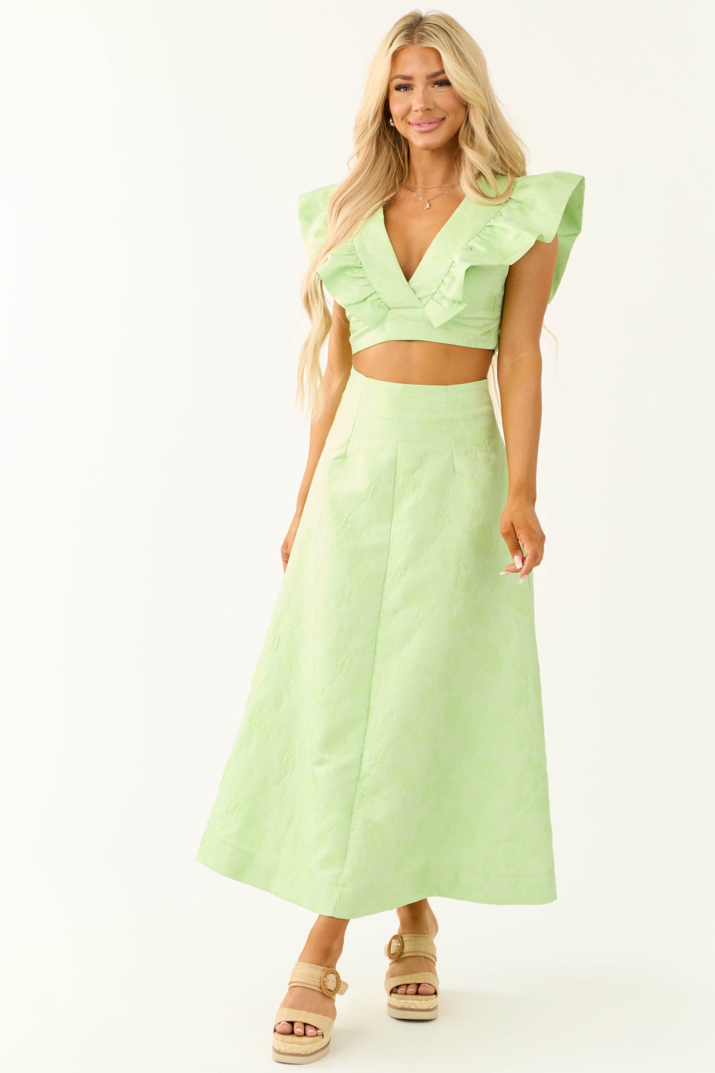 Light Lime Floral Jacquard A Line Midi Skirt | Lime Lush Boutique Light Lime Floral Jacquard A Line Midi Skirt | Lime Lush Boutique