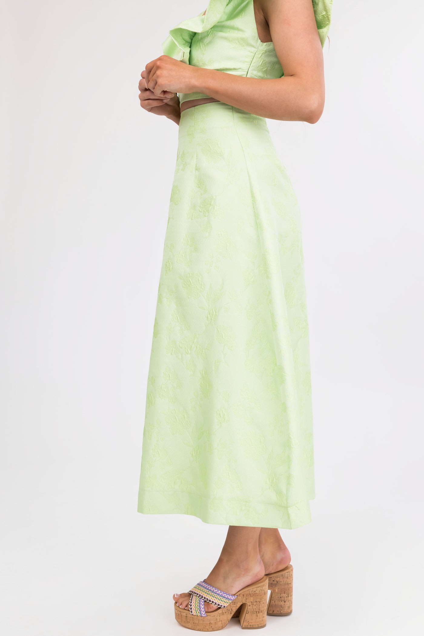 Light Lime Floral Jacquard A Line Midi Skirt