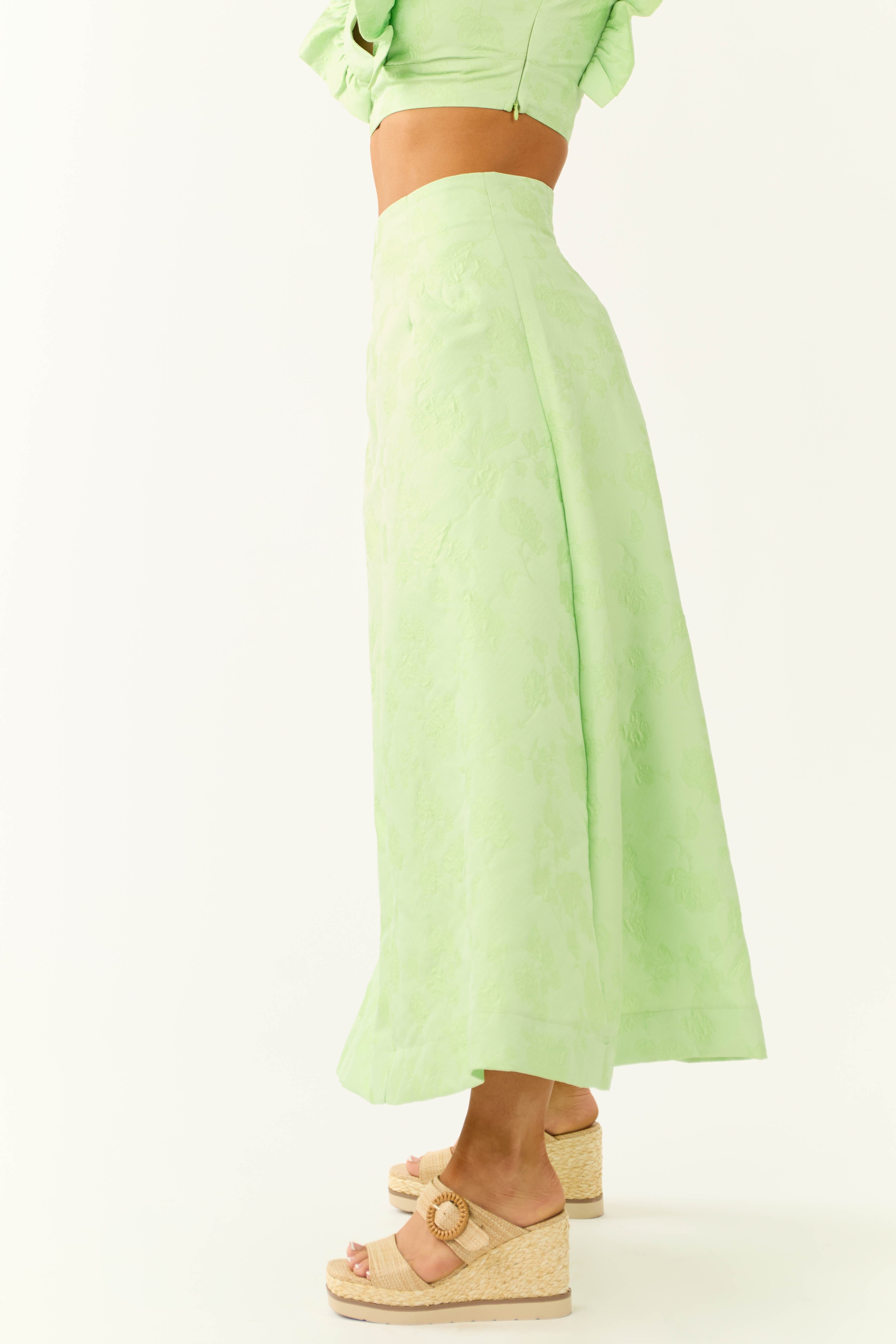 Light Lime Floral Jacquard A Line Midi Skirt | Lime Lush