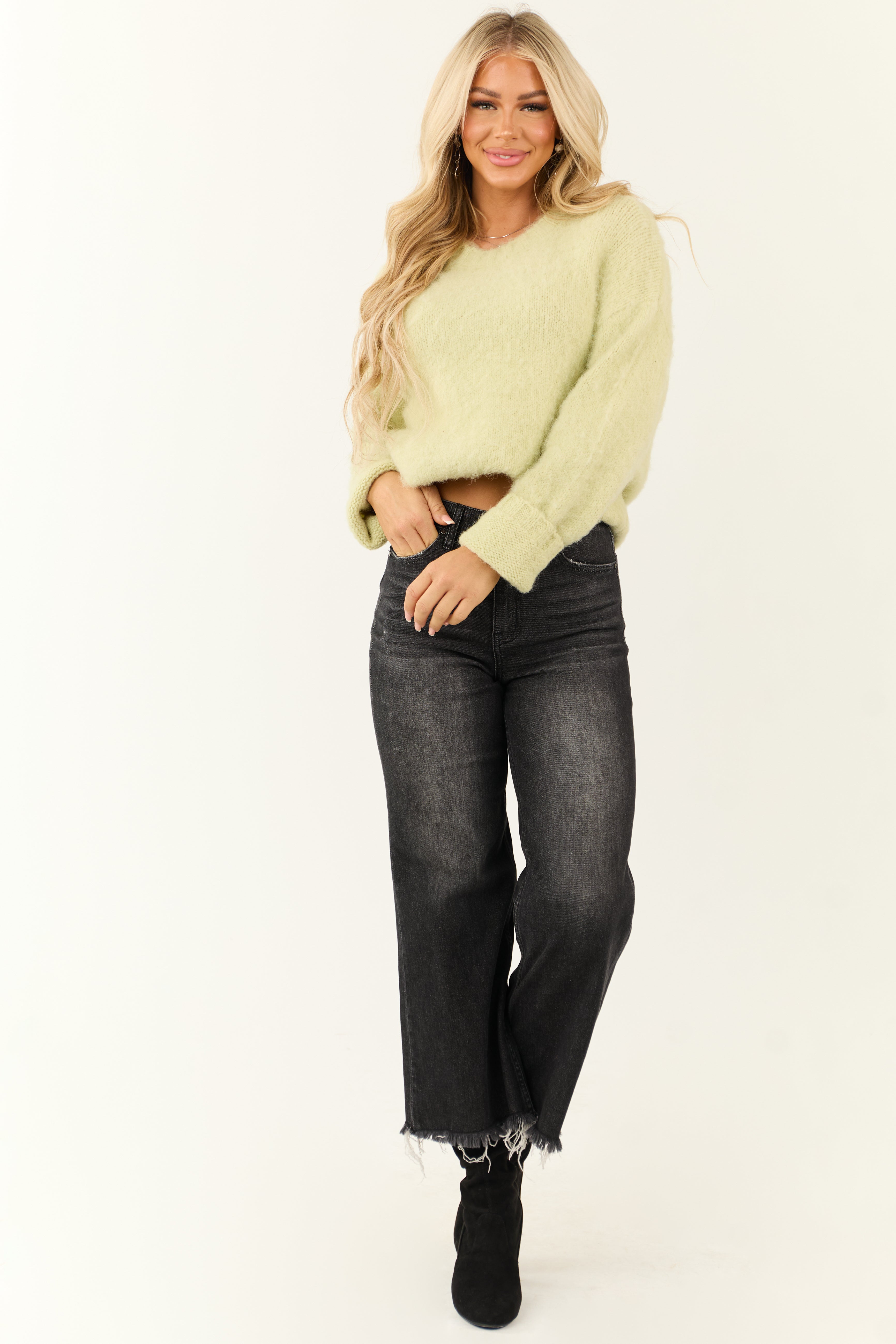 Light Lime Long Sleeve Fuzzy Knit Sweater
