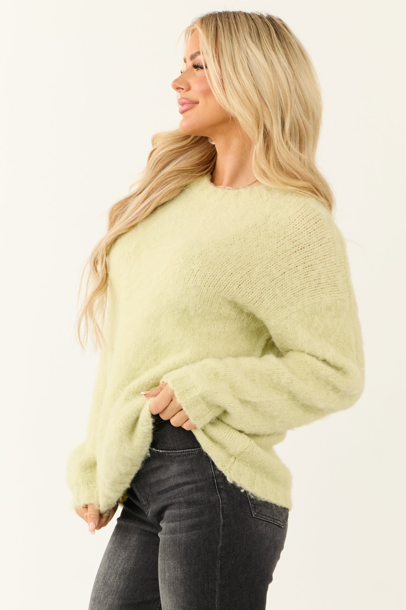 Light Lime Long Sleeve Fuzzy Knit Sweater