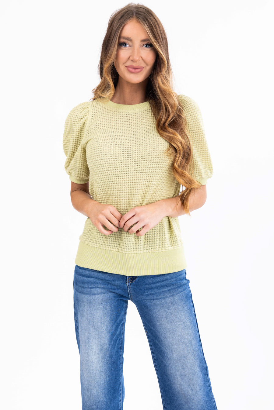Light Lime Waffle Knit Puff Sleeve Top