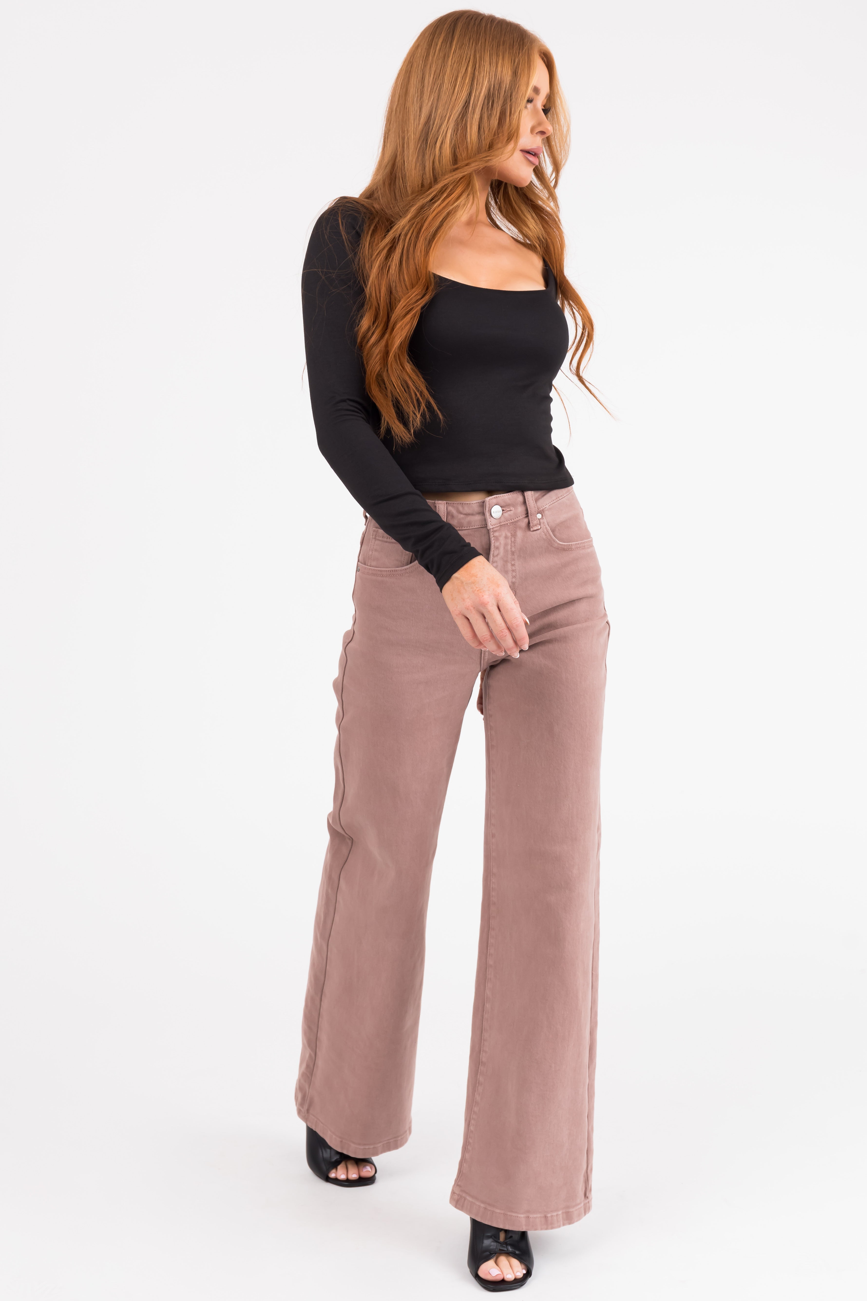 Risen Light Mauve High Rise Wide Leg Jeans