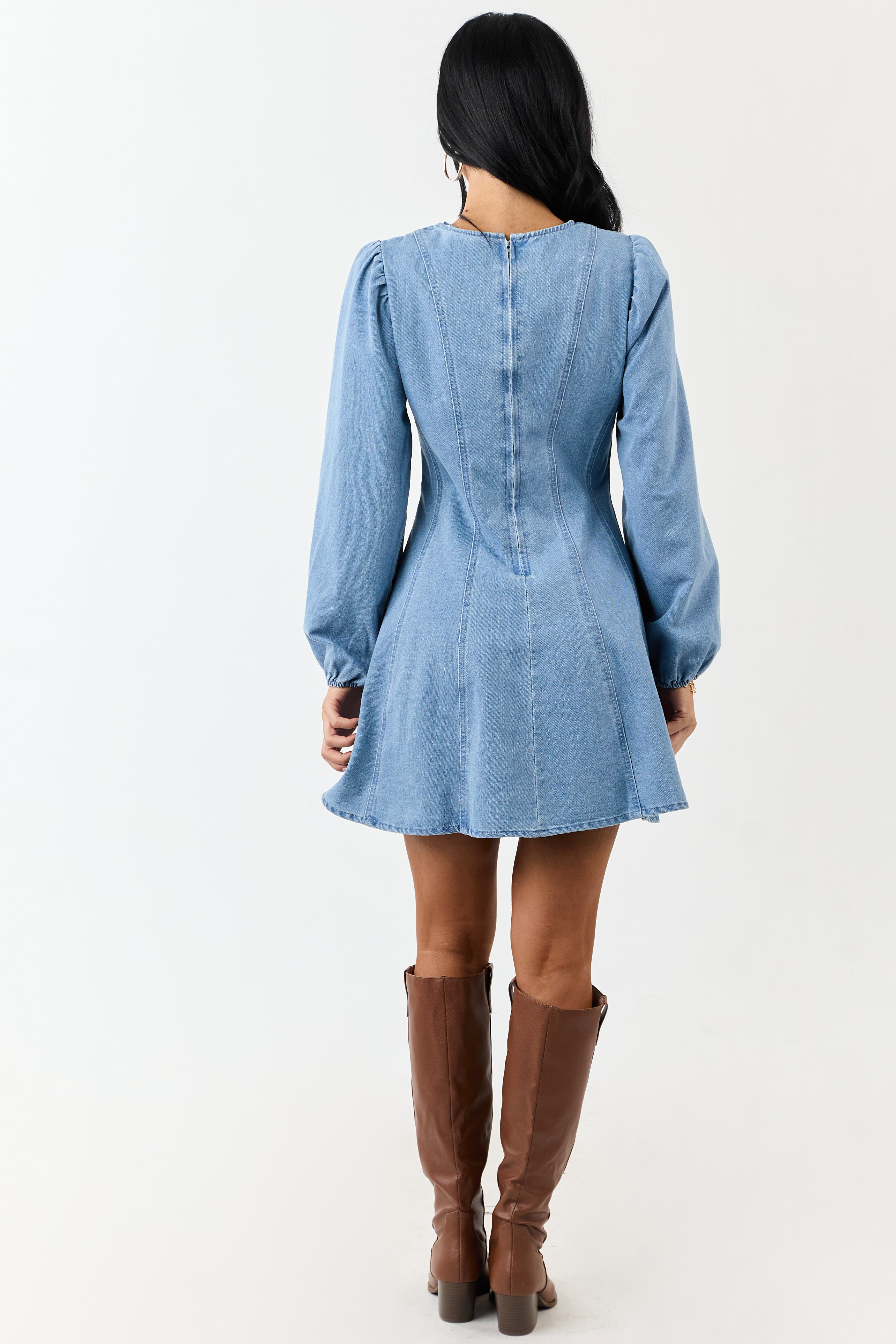 Light Mineral Wash Denim Long Sleeve Mini Dress