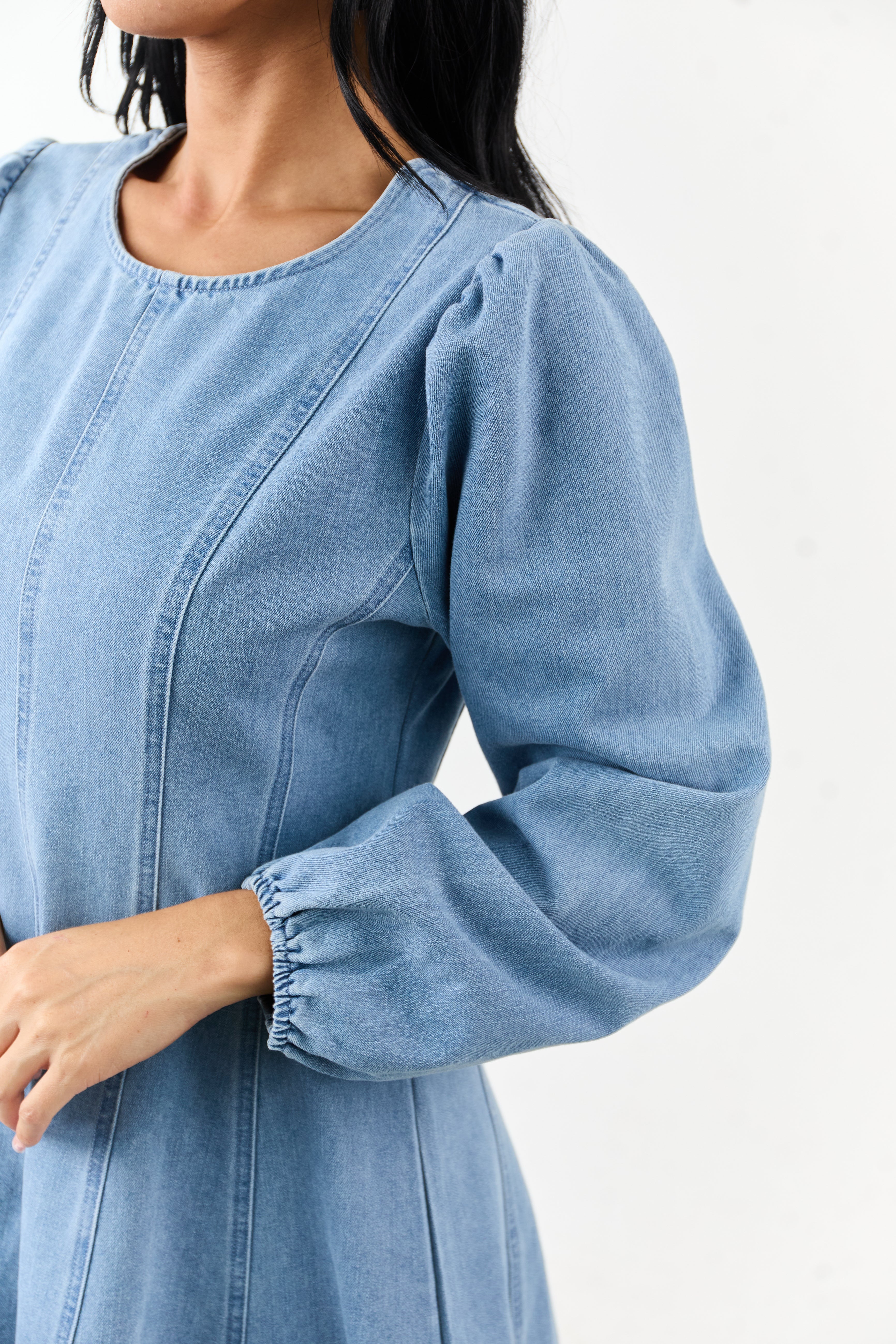 Light Mineral Wash Denim Long Sleeve Mini Dress Light Mineral Wash Denim Long Sleeve Mini Dress