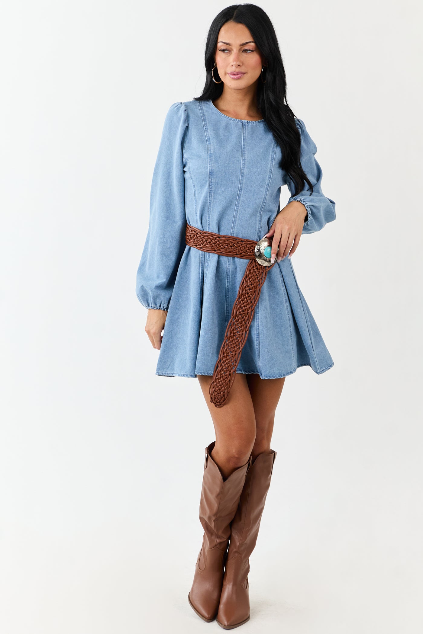 washed indigo denim long sleeve belt detail fitted mini dress Petite Washed Indigo Denim Long Sleeve Belt Detail Fitted Mini Dress