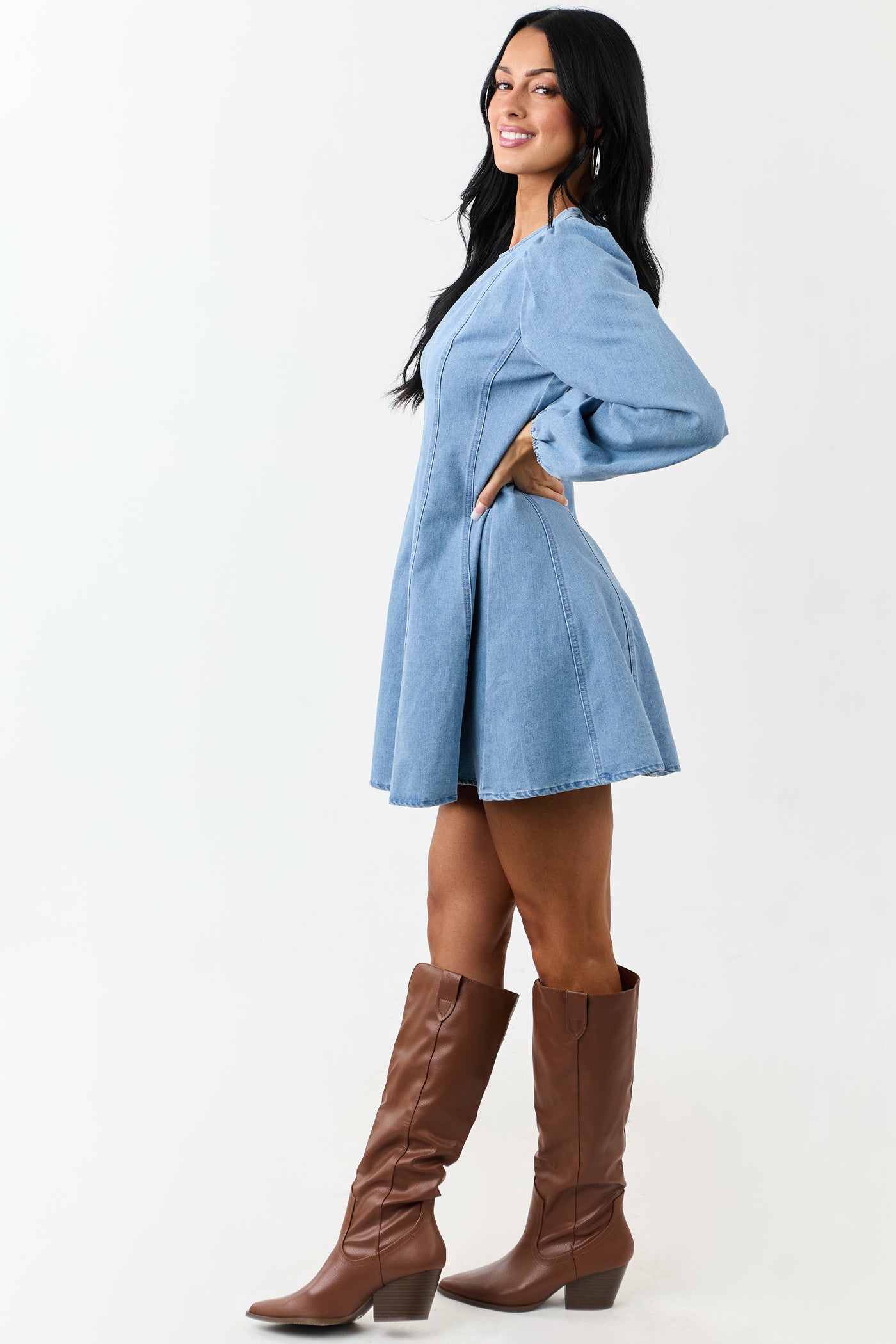 Light Mineral Wash Denim Long Sleeve Mini Dress