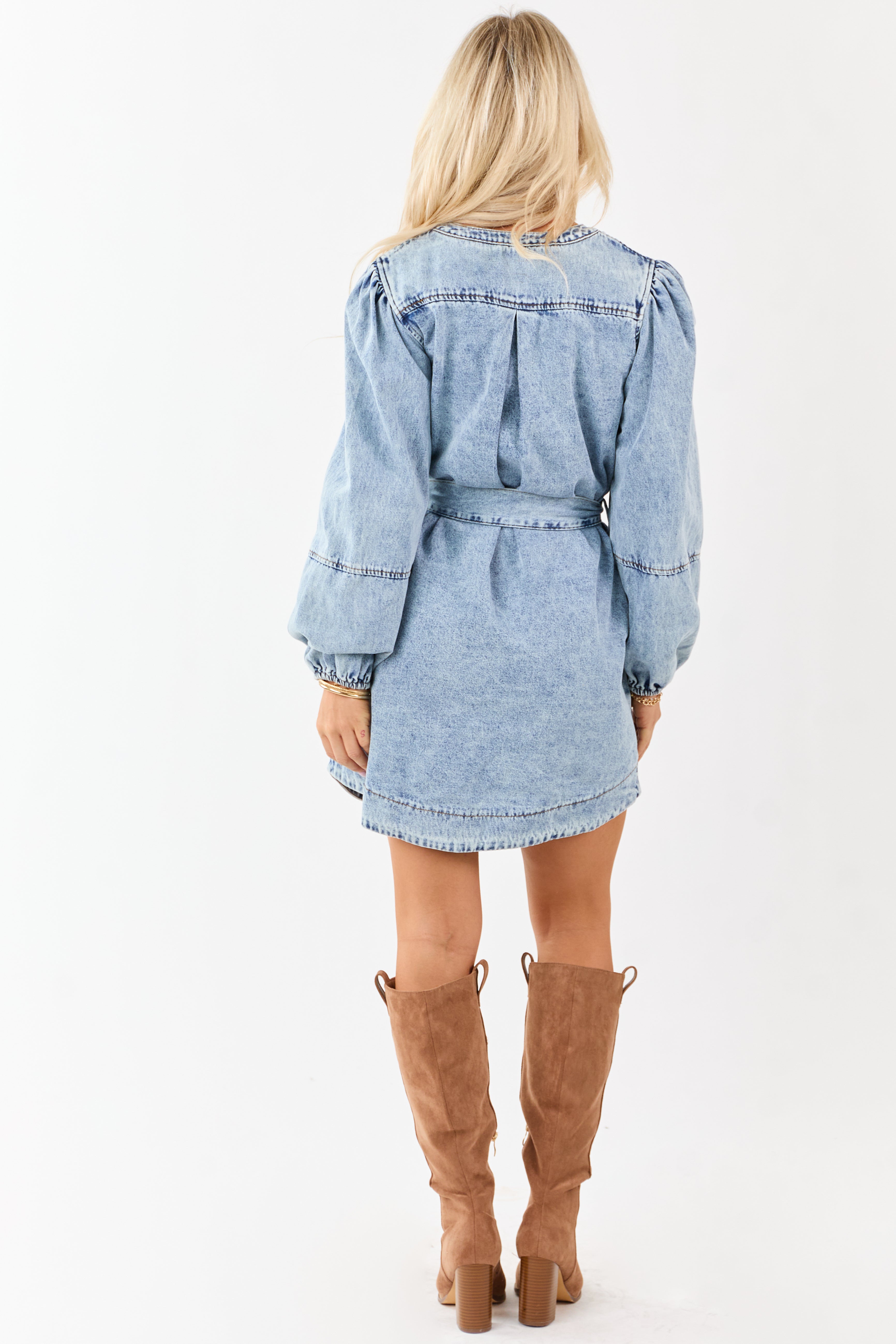 Light Mineral Wash Denim Waist Tie Short Shirt Dress