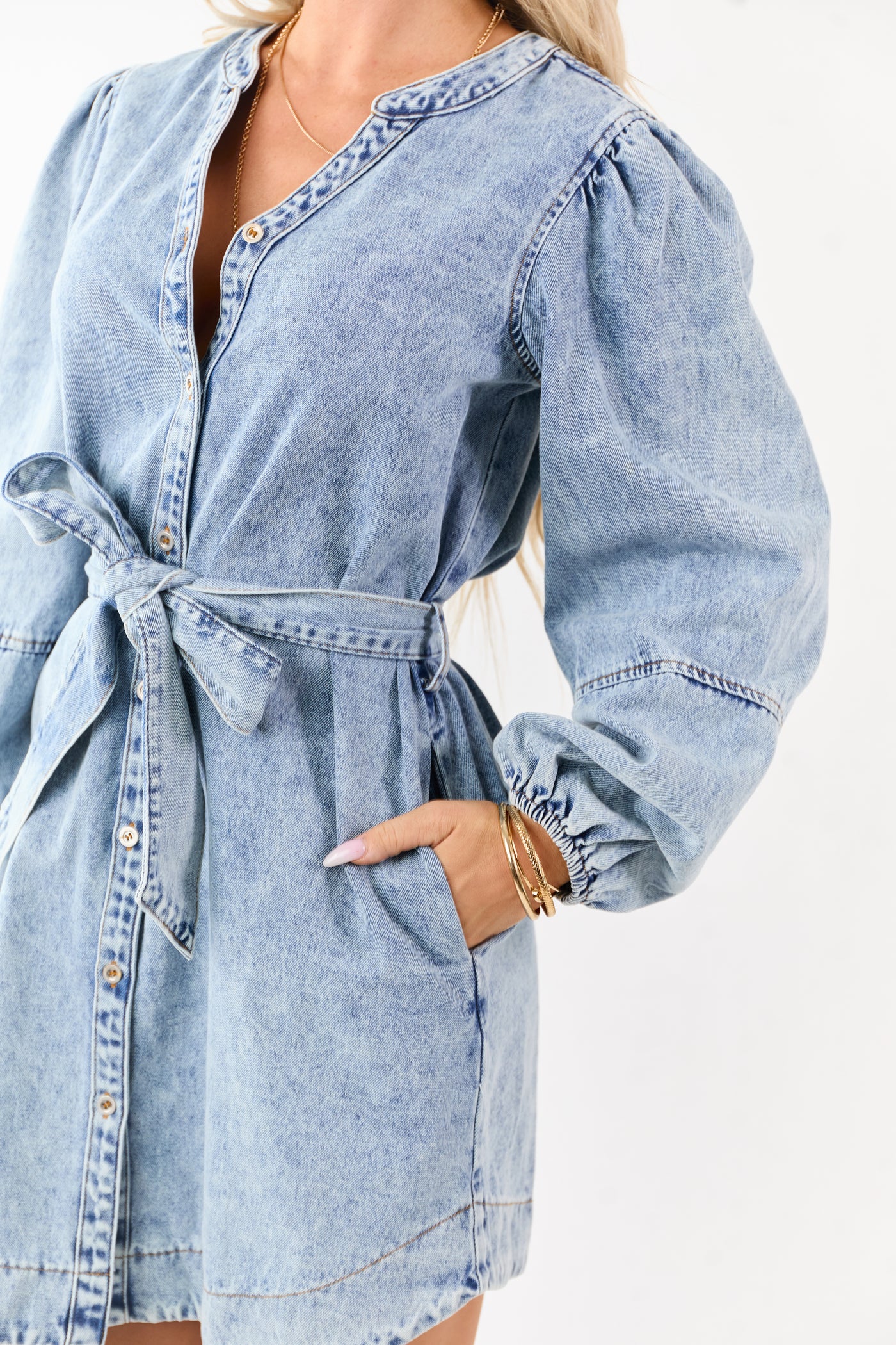 light wash denim shirt dress DUER Performance Denim Lite Wrap Shirt Dress