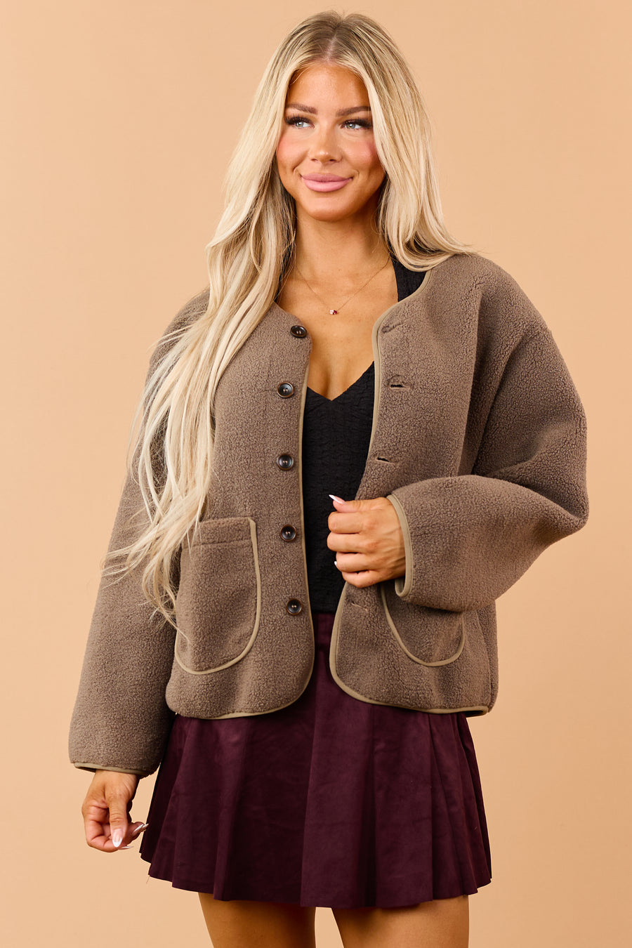 Light Mocha Button Down Soft Fleece Teddy Jacket