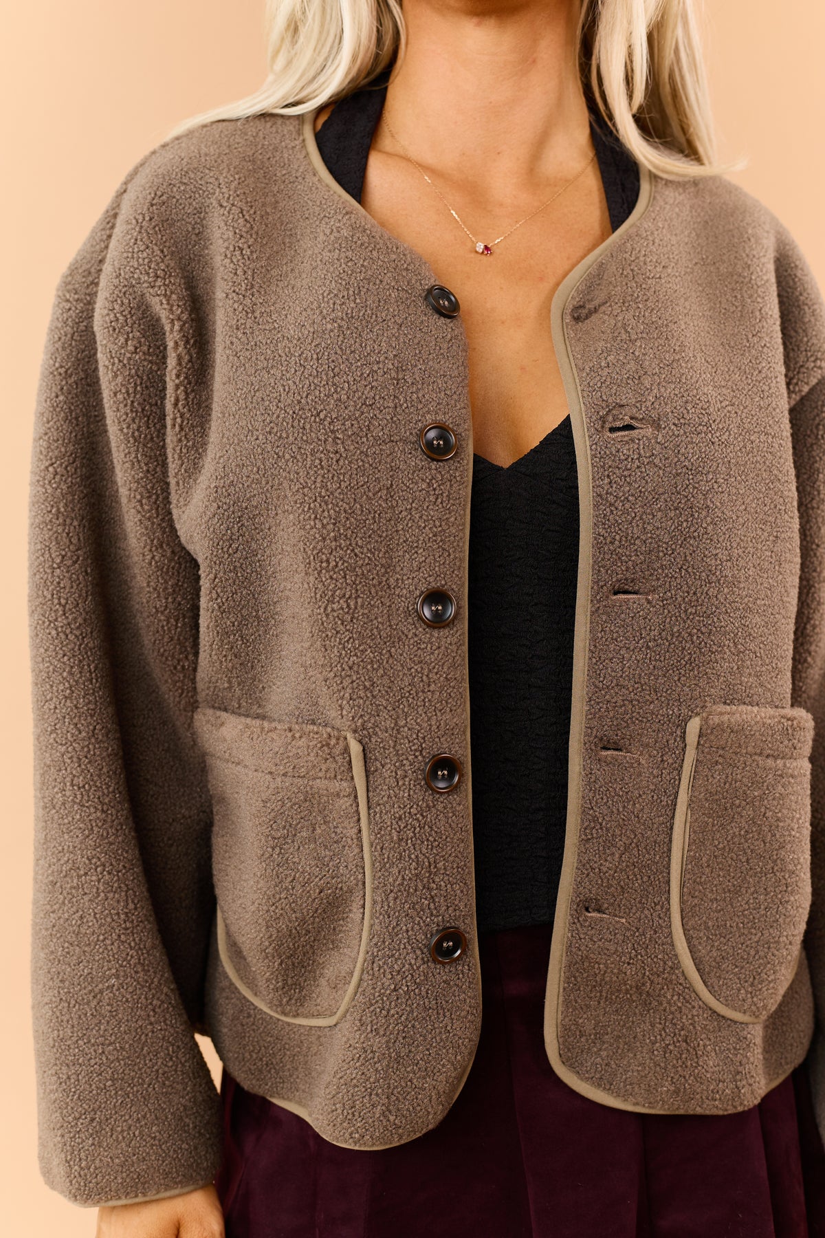 Light Mocha Button Down Soft Fleece Teddy Jacket