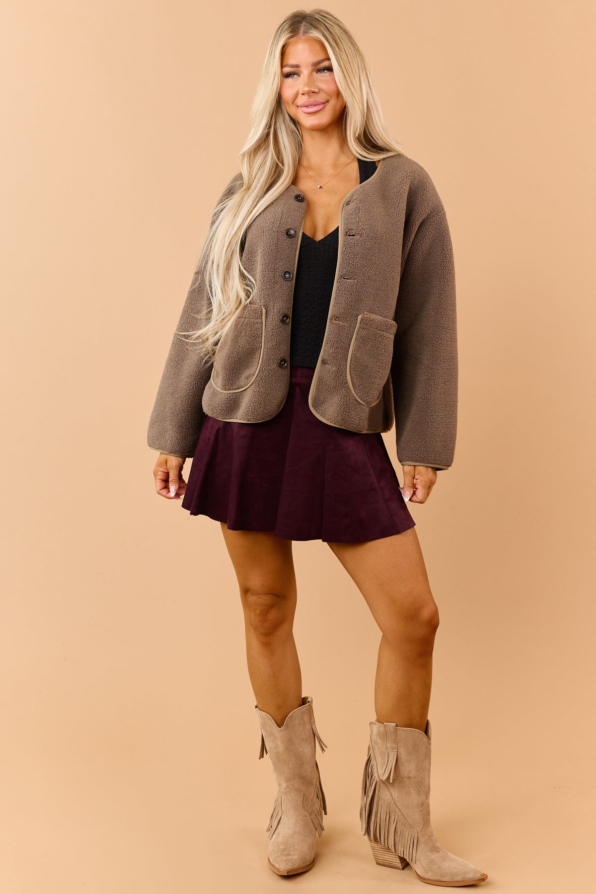 Light Mocha Button Down Soft Fleece Teddy Jacket