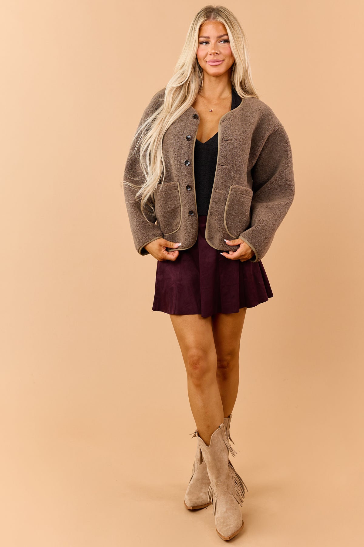 Light Mocha Button Down Soft Fleece Teddy Jacket