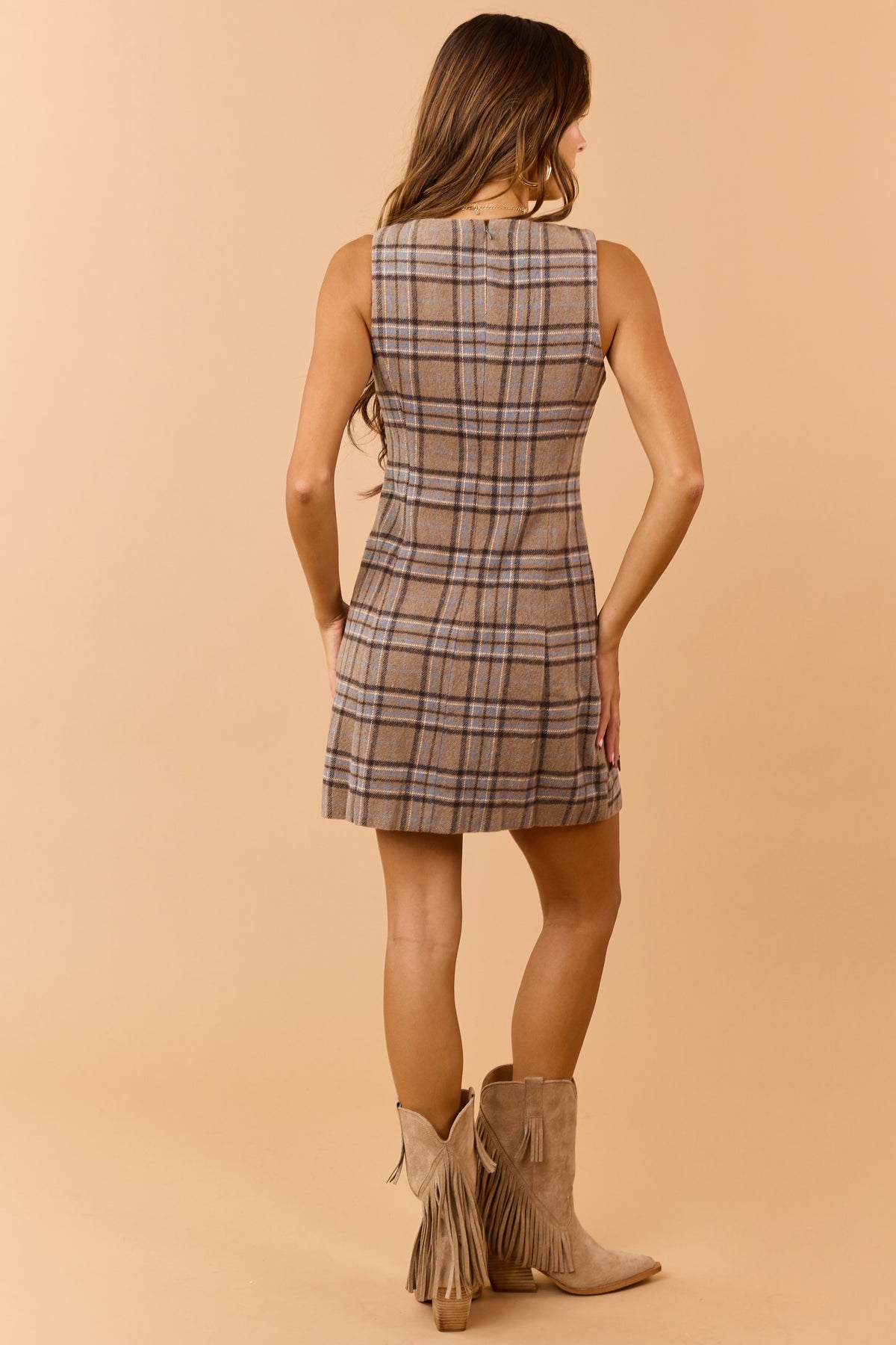 Light Mocha Plaid Wool Blend Flannel Mini Dress