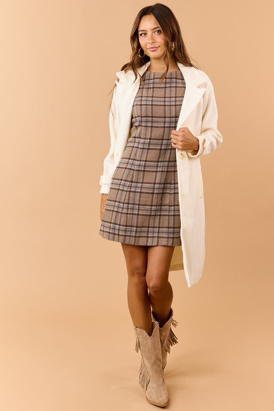 Light Mocha Plaid Wool Blend Flannel Mini Dress