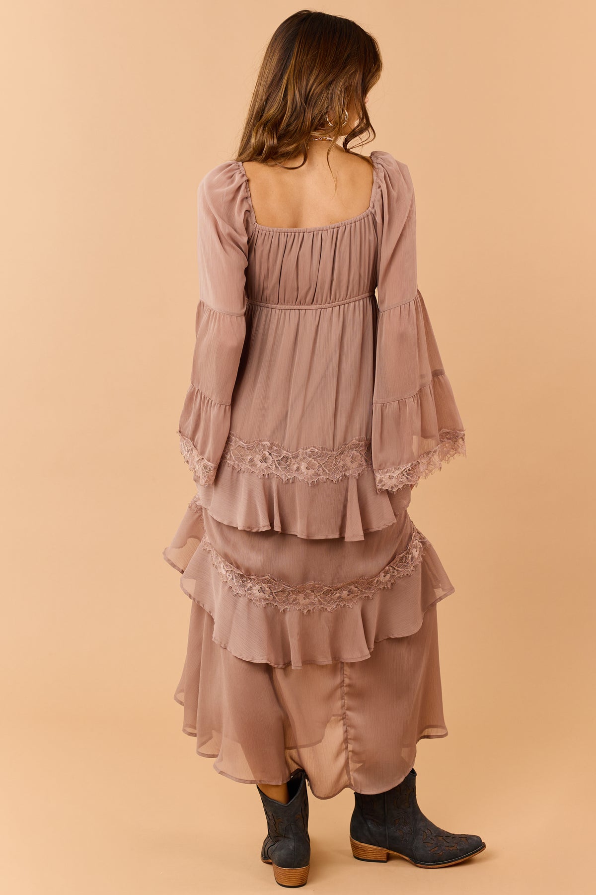 Light Mocha Tiered Ruffle Lace Long Sleeve Midi Dress