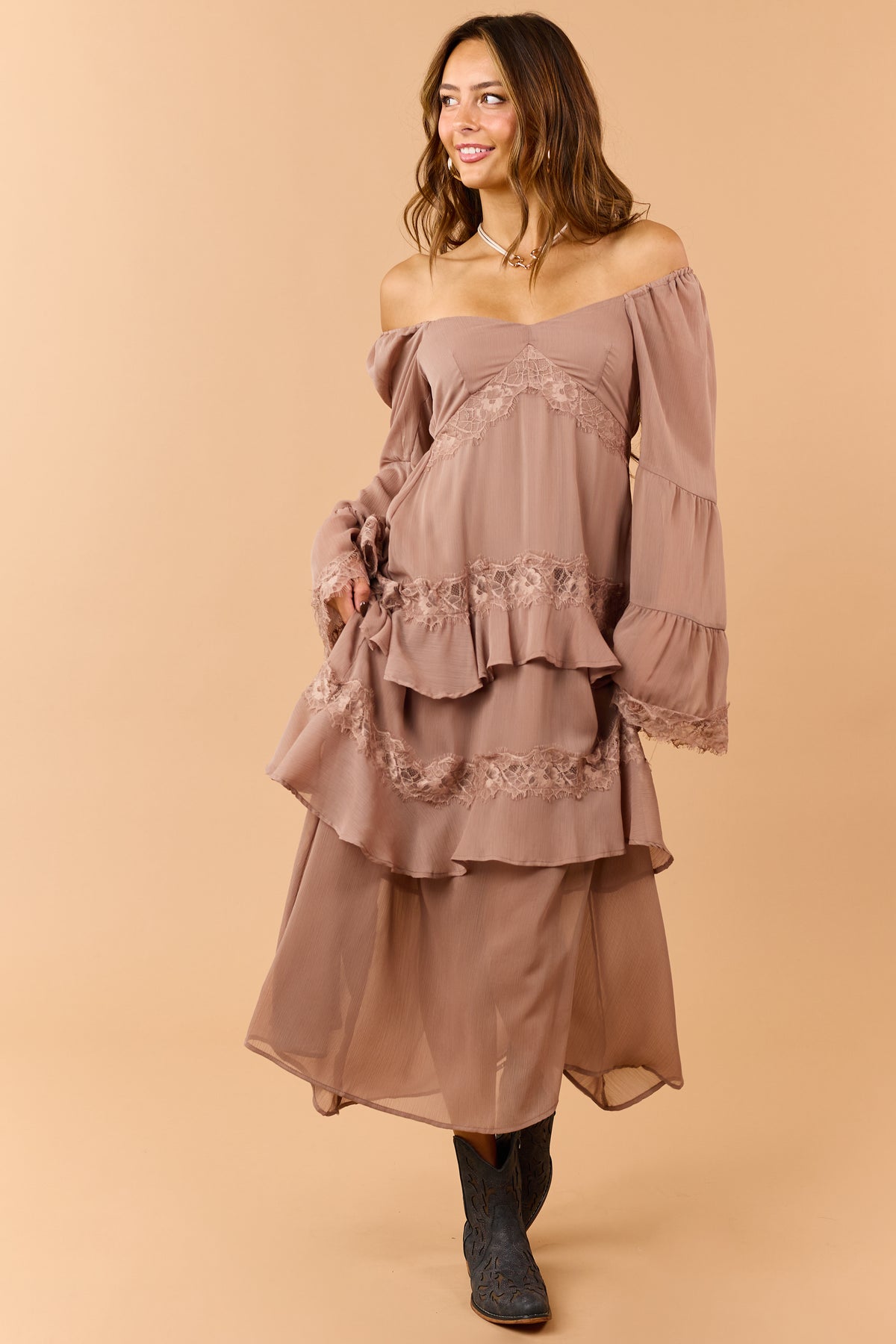 Light Mocha Tiered Ruffle Lace Long Sleeve Midi Dress
