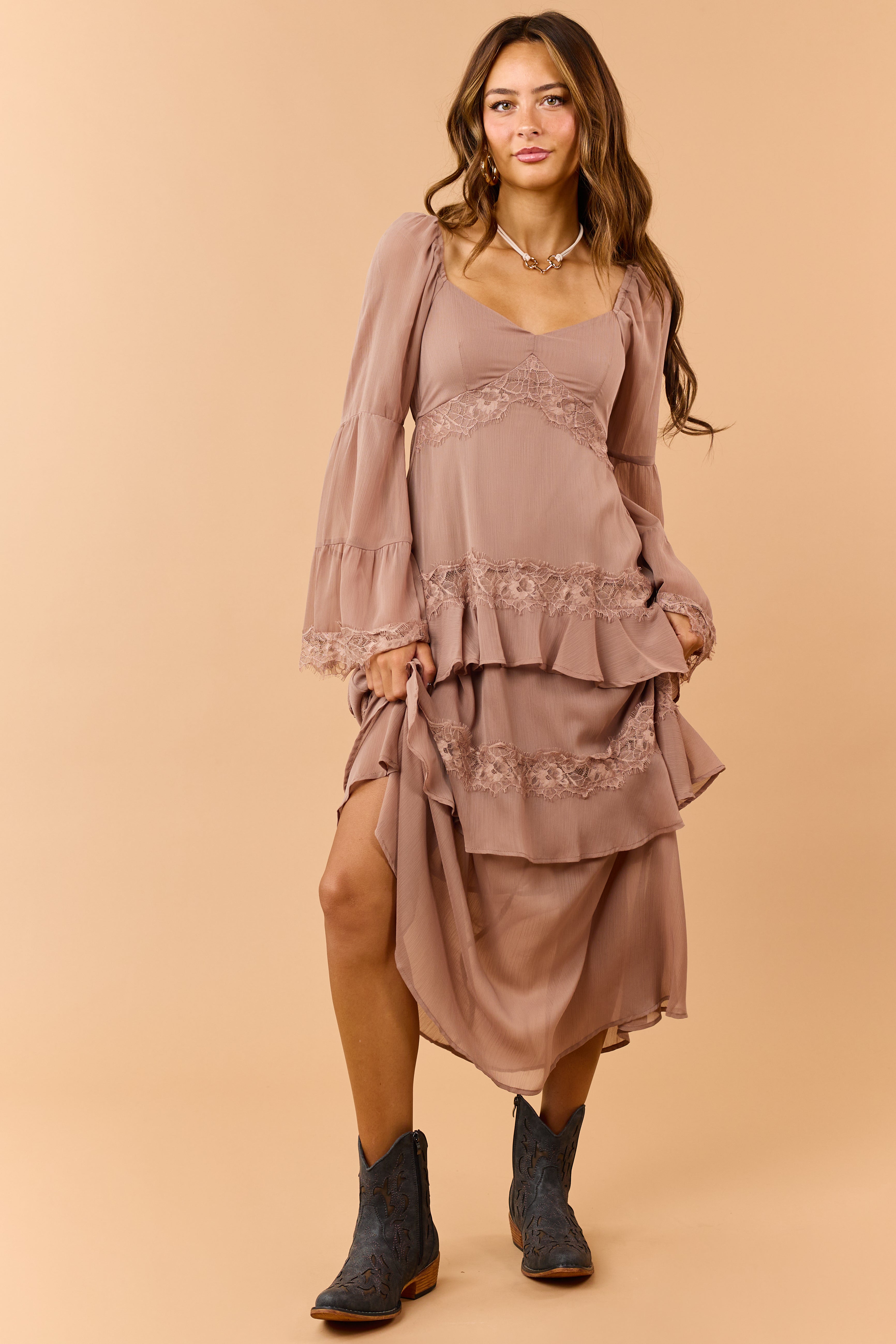 Light Mocha Tiered Ruffle Lace Long Sleeve Midi Dress | Lime Lush