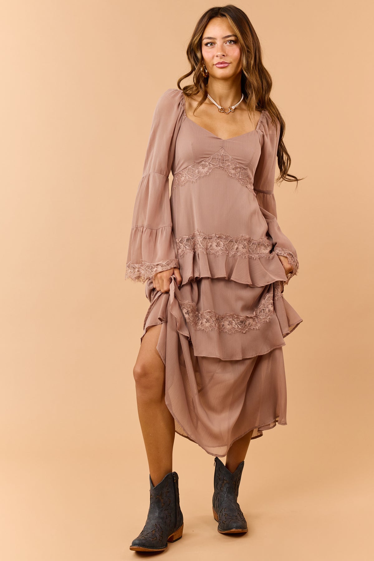 Light Mocha Tiered Ruffle Lace Long Sleeve Midi Dress