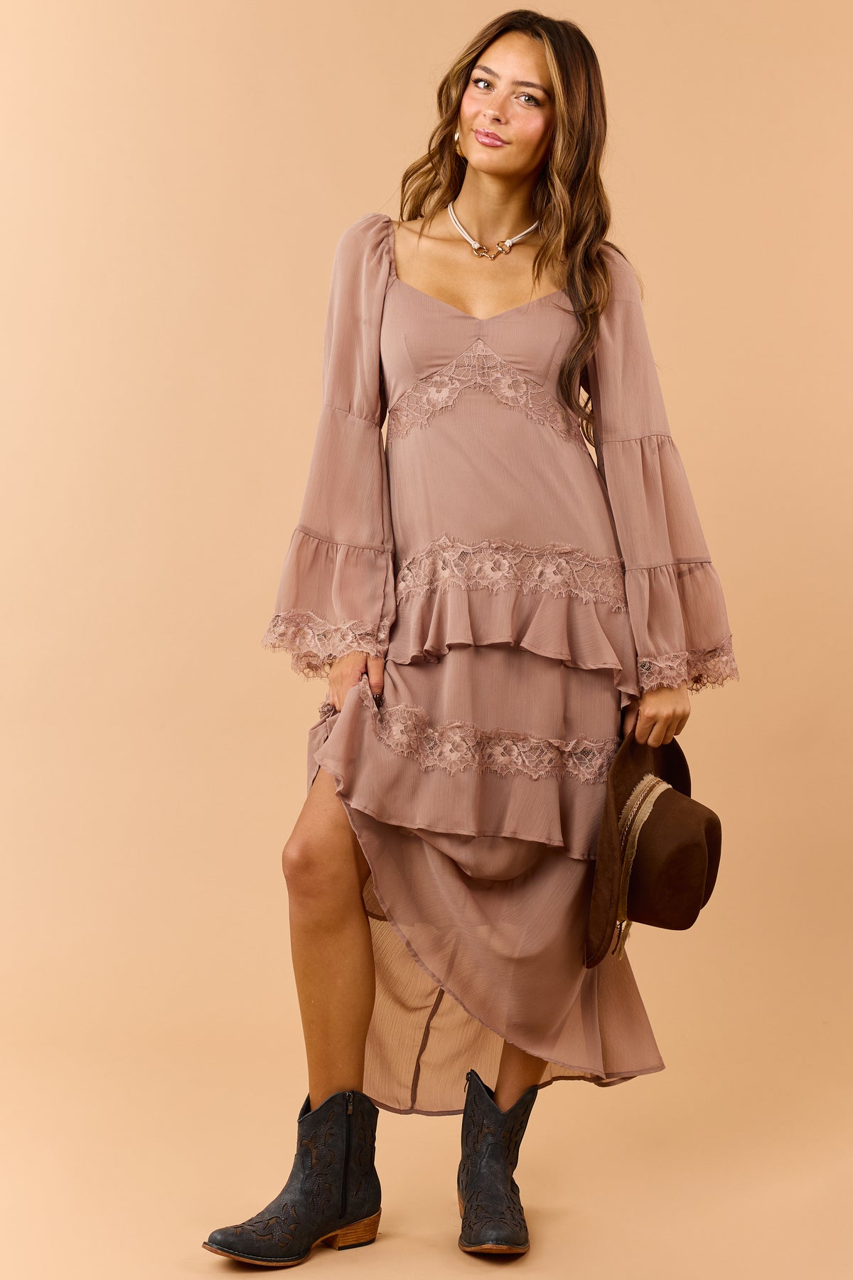 Light Mocha Tiered Ruffle Lace Long Sleeve Midi Dress