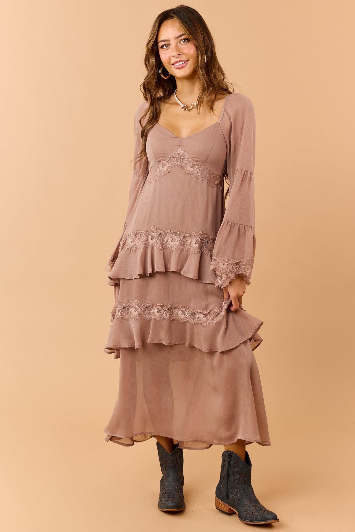 Light Mocha Tiered Ruffle Lace Long Sleeve Midi Dress