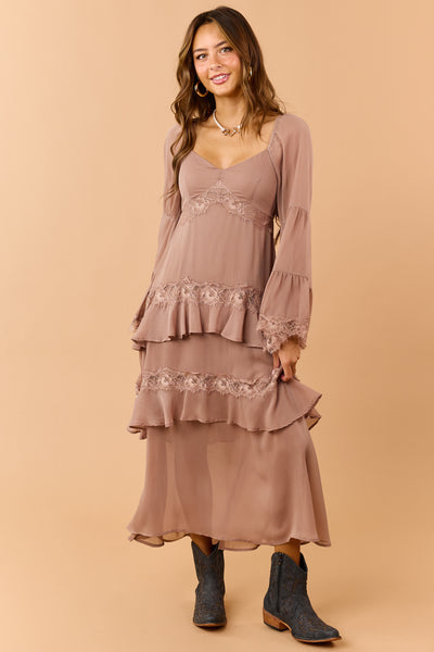Light Mocha Tiered Ruffle Lace Long Sleeve Midi Dress