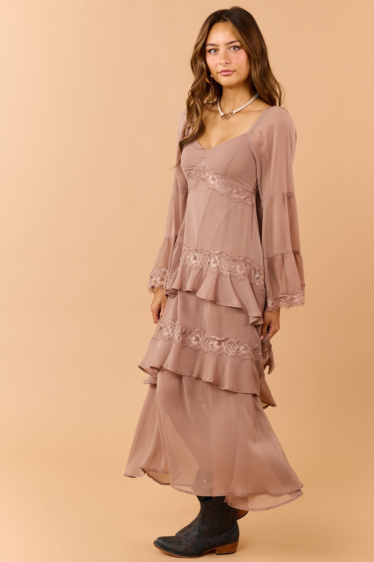 Light Mocha Tiered Ruffle Lace Long Sleeve Midi Dress