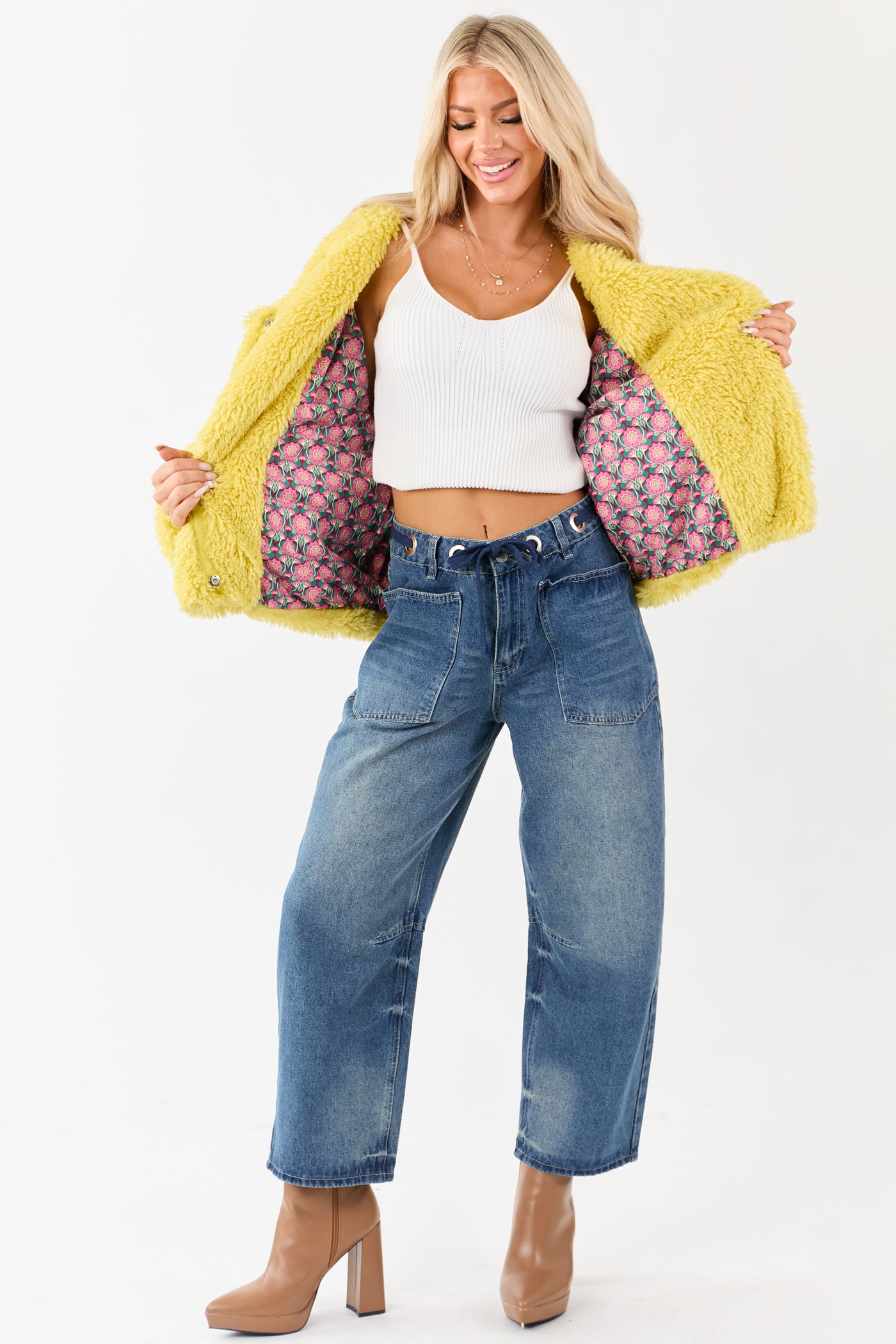 Light Mustard Soft Sherpa Snap Button Up Relaxed Jacket