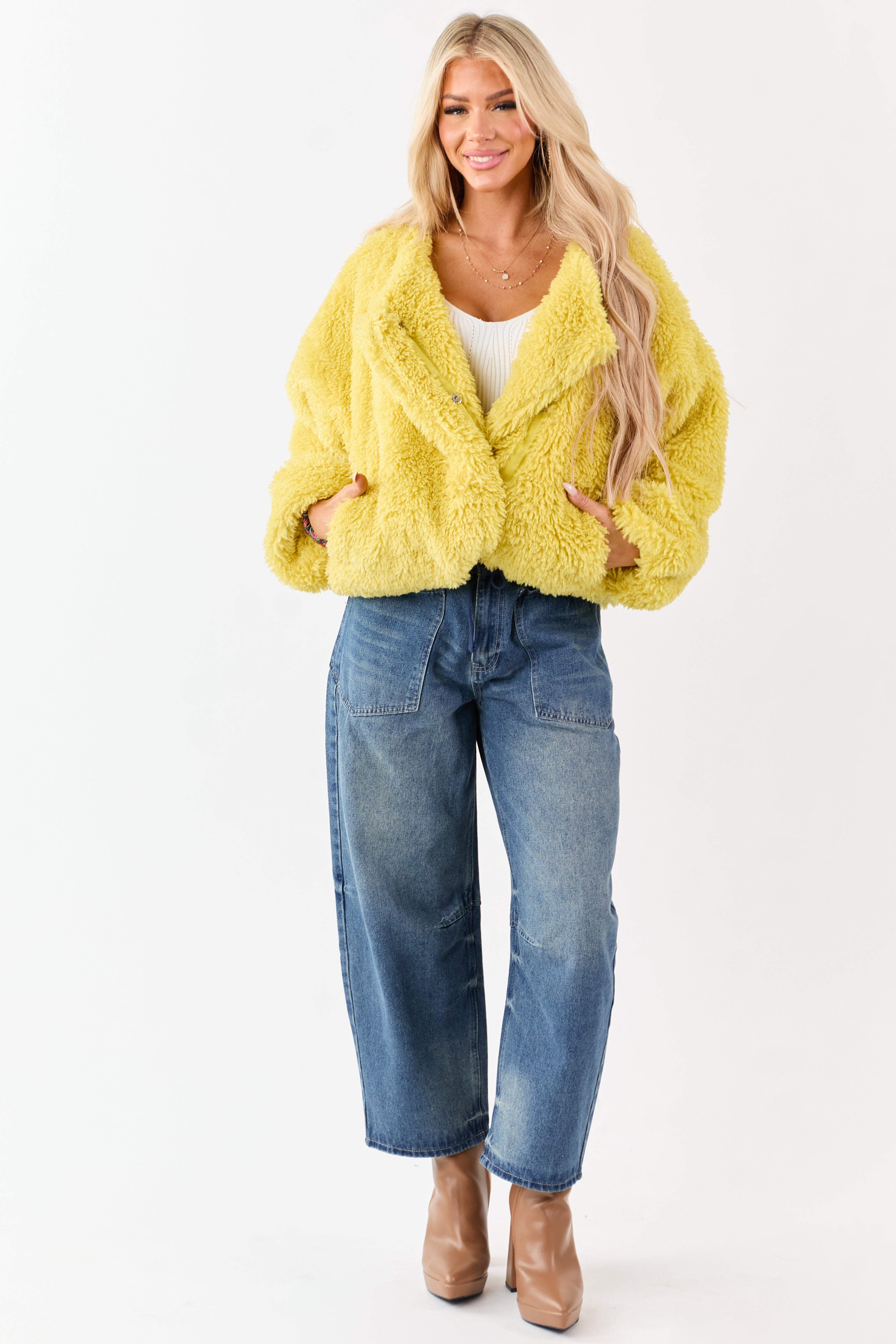 Light Mustard Soft Sherpa Snap Button Up Relaxed Jacket | Lime