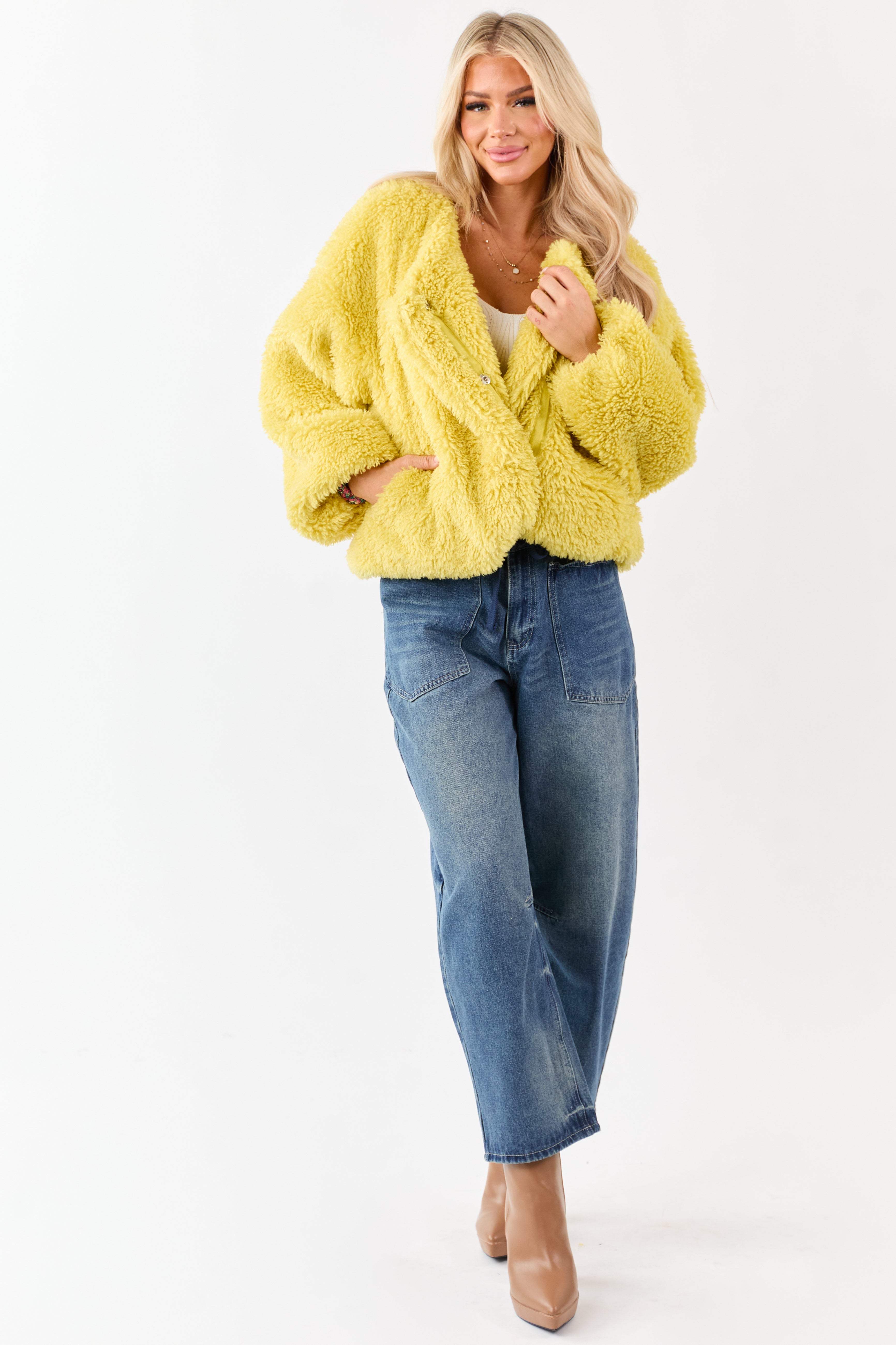 Light Mustard Soft Sherpa Snap Button Up Relaxed Jacket | Lime