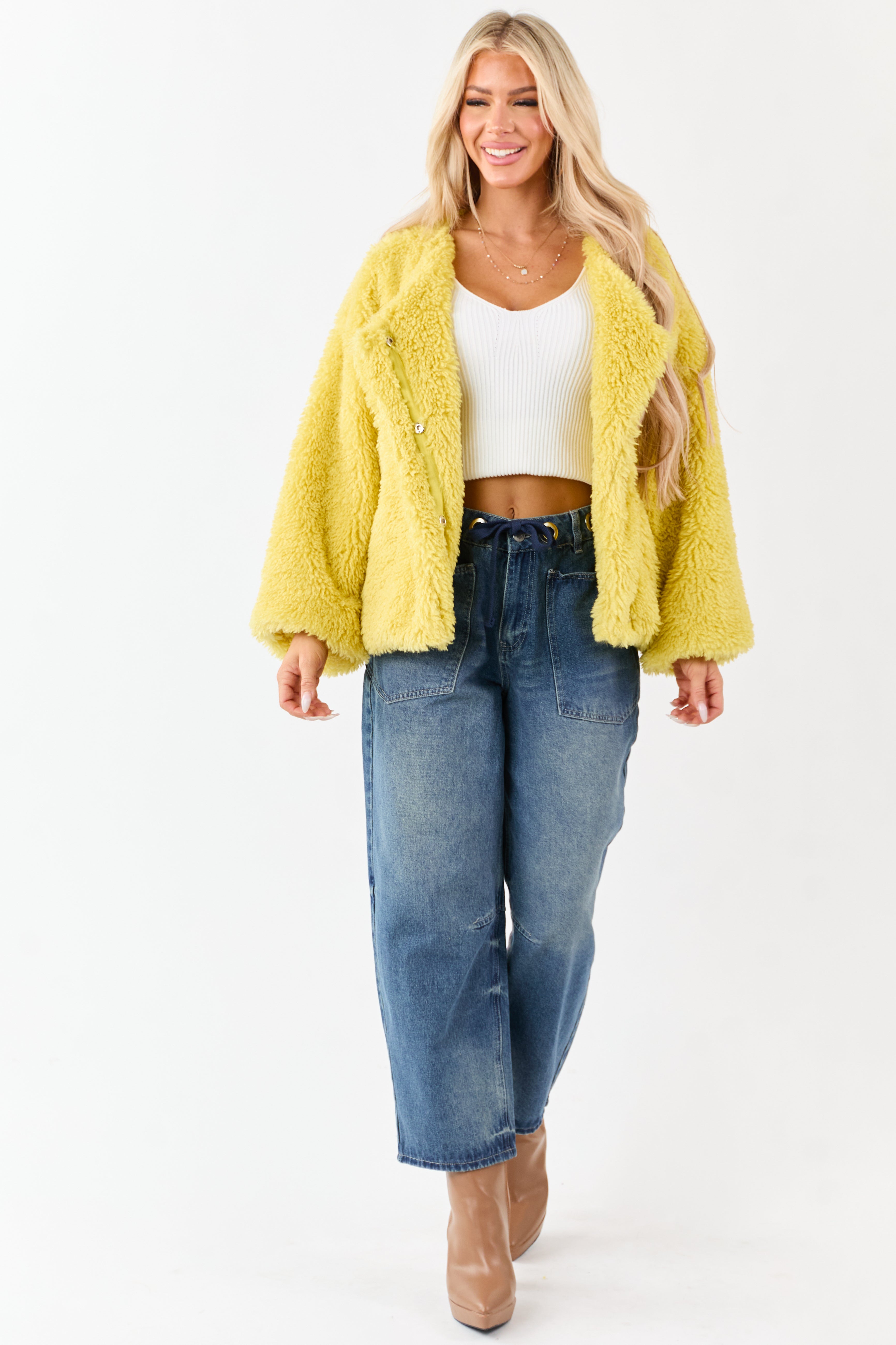 Light Mustard Soft Sherpa Snap Button Up Relaxed Jacket | Lime