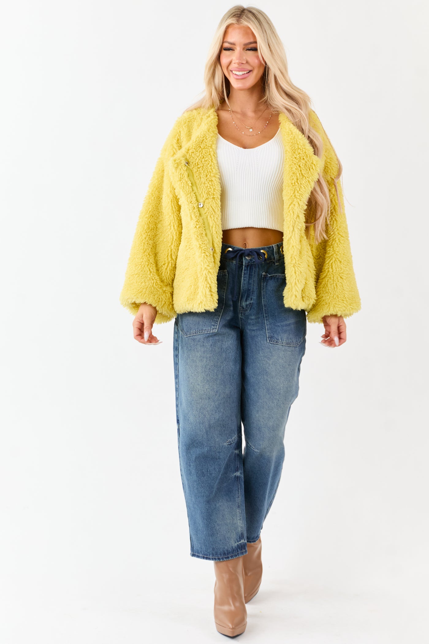 Light Mustard Soft Sherpa Snap Button Up Relaxed Jacket