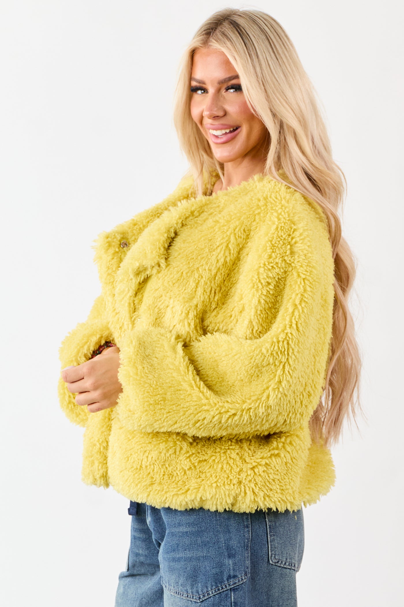 Light Mustard Soft Sherpa Snap Button Up Relaxed Jacket