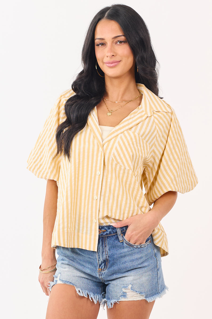 Light Mustard Striped Half Puff Sleeve Button Up Top