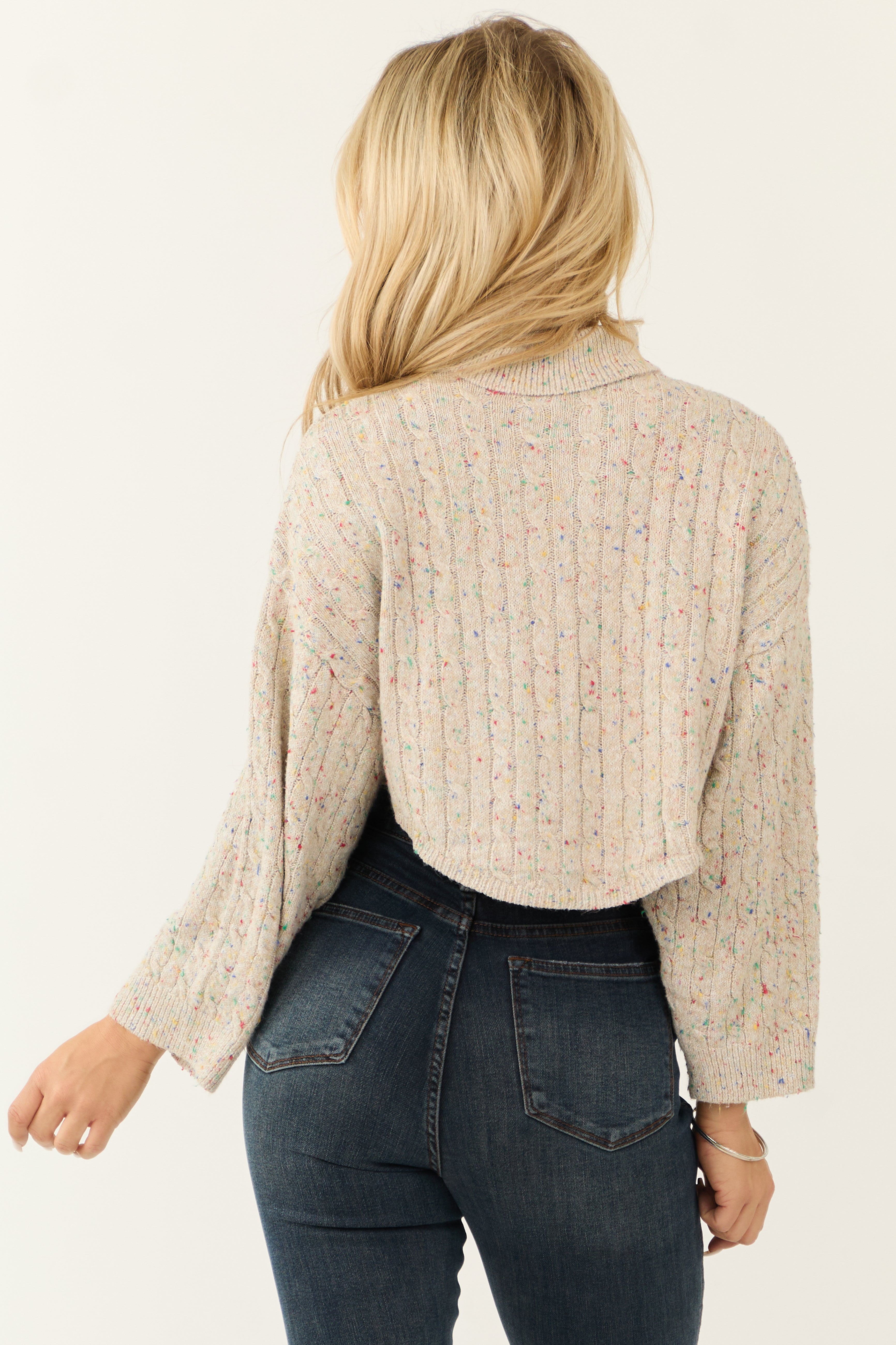 Light Oatmeal Confetti Knit Turtleneck Sweater
