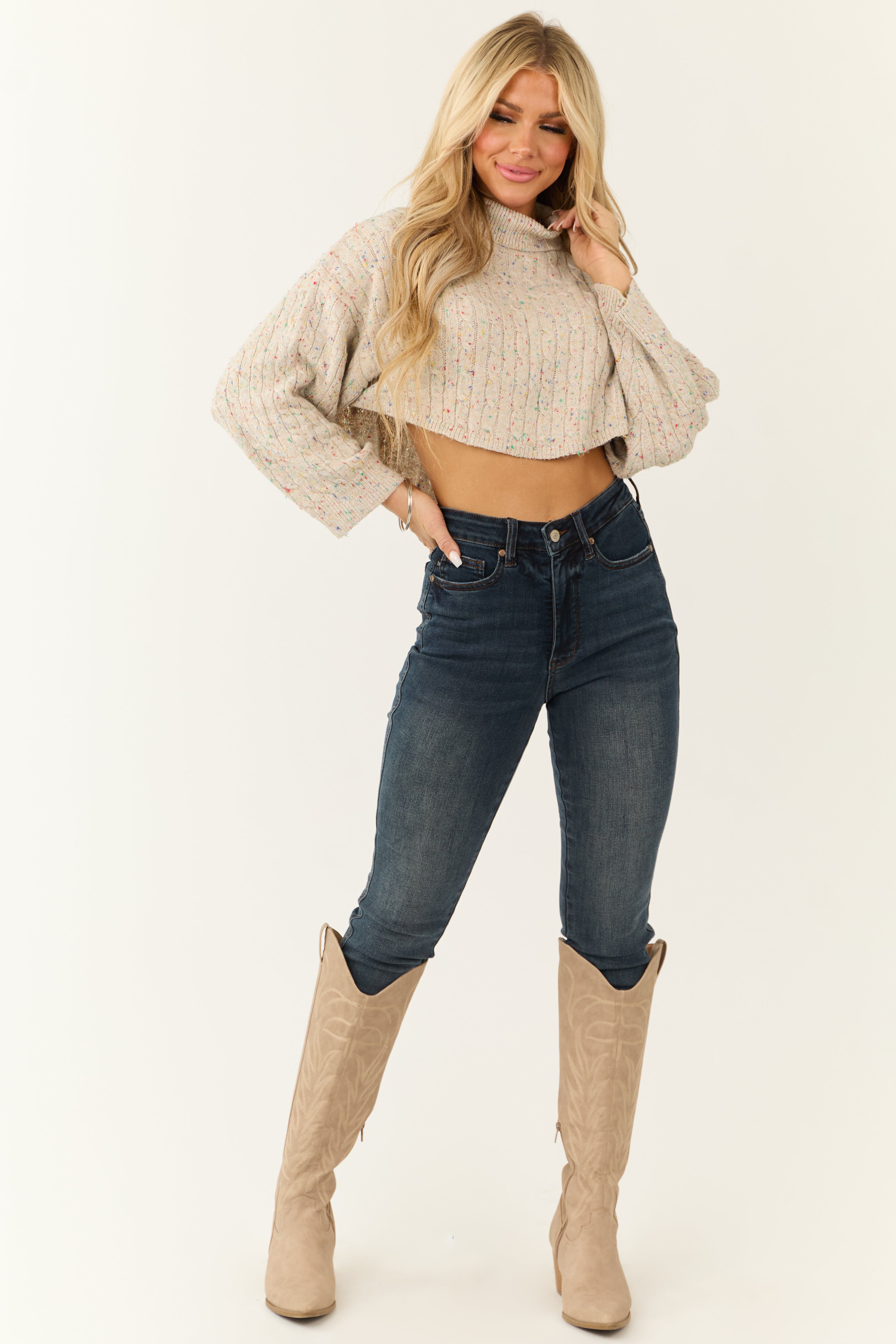 Light Oatmeal Confetti Knit Turtleneck Sweater
