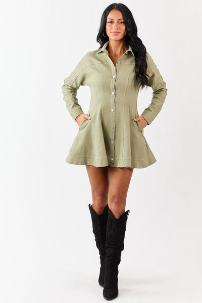 Light Olive Denim Button Down A-Line Mini Dress