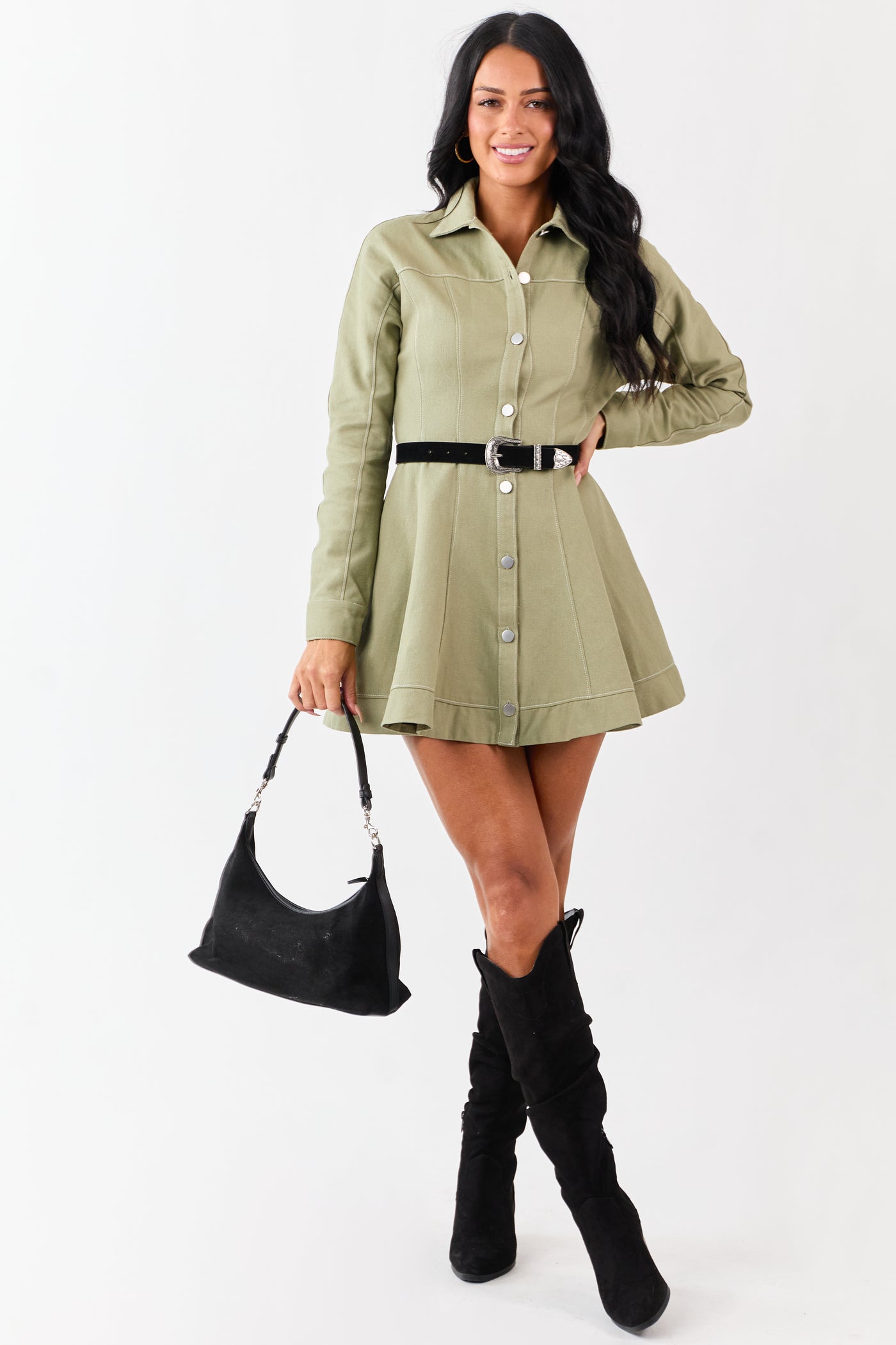 Light Olive Denim Button Down A-Line Mini Dress