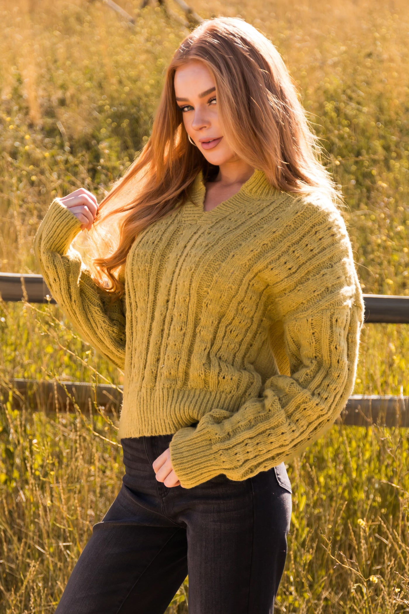 Light Olive Notch Neck Cable Knit Sweater