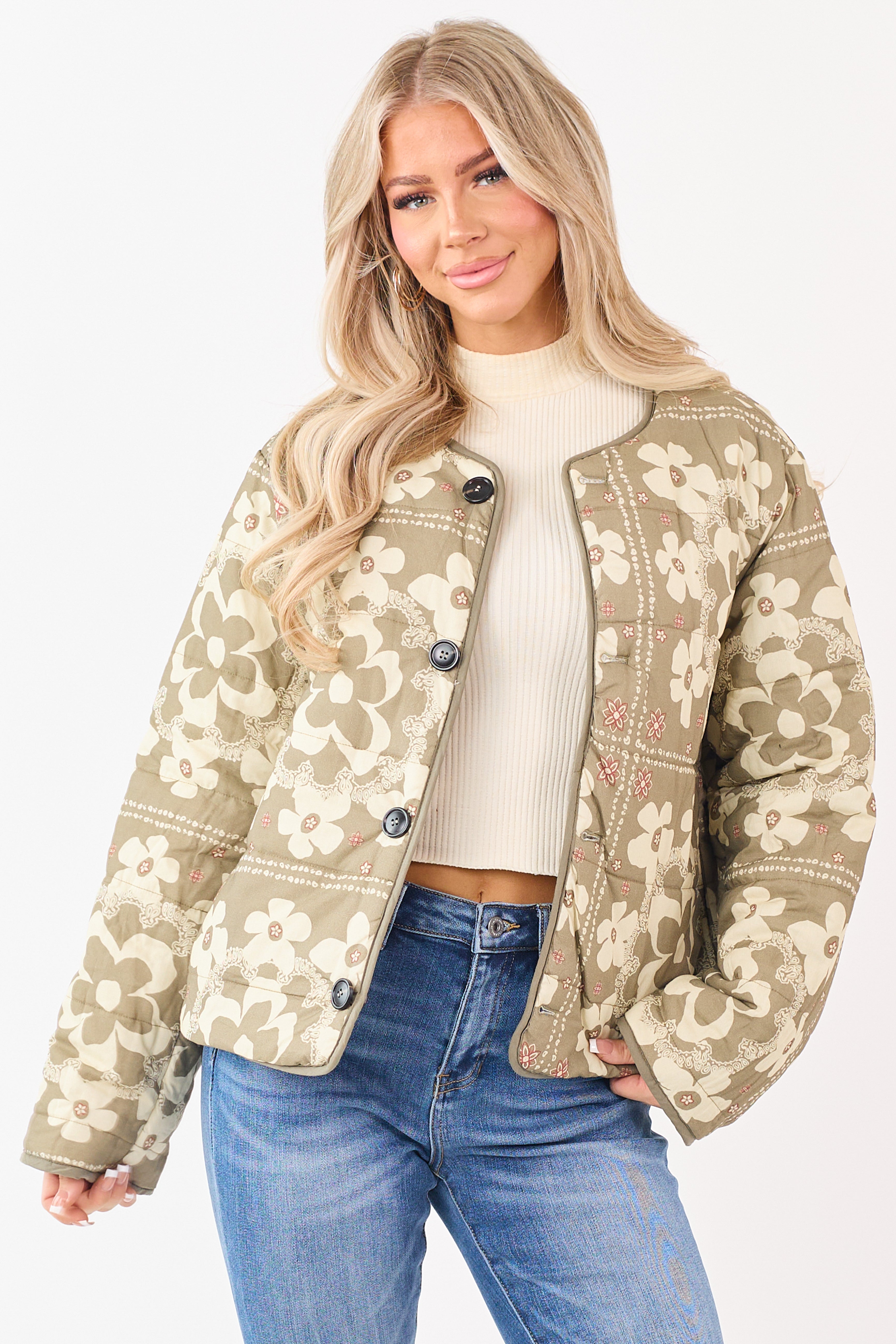 Light Olive Reversible Quilted Cotton Jacket | Lime Lush Boutique