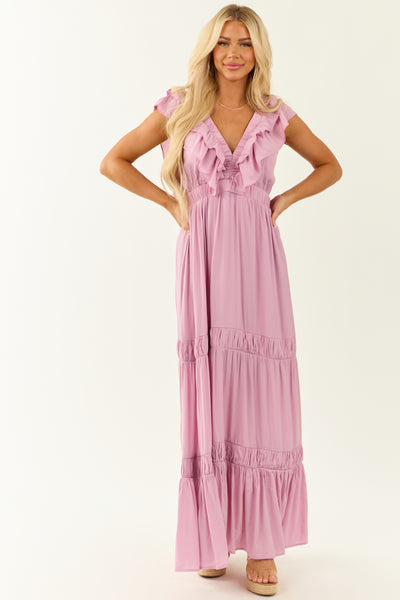 Light Orchid Ruffle Cap Sleeve Maxi Dress