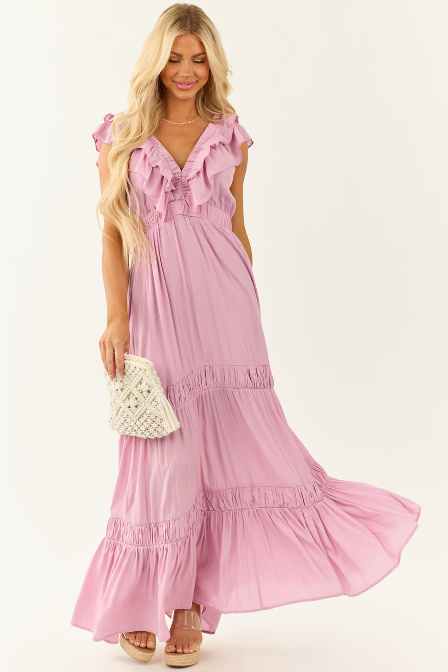 Light Orchid Ruffle Cap Sleeve Maxi Dress
